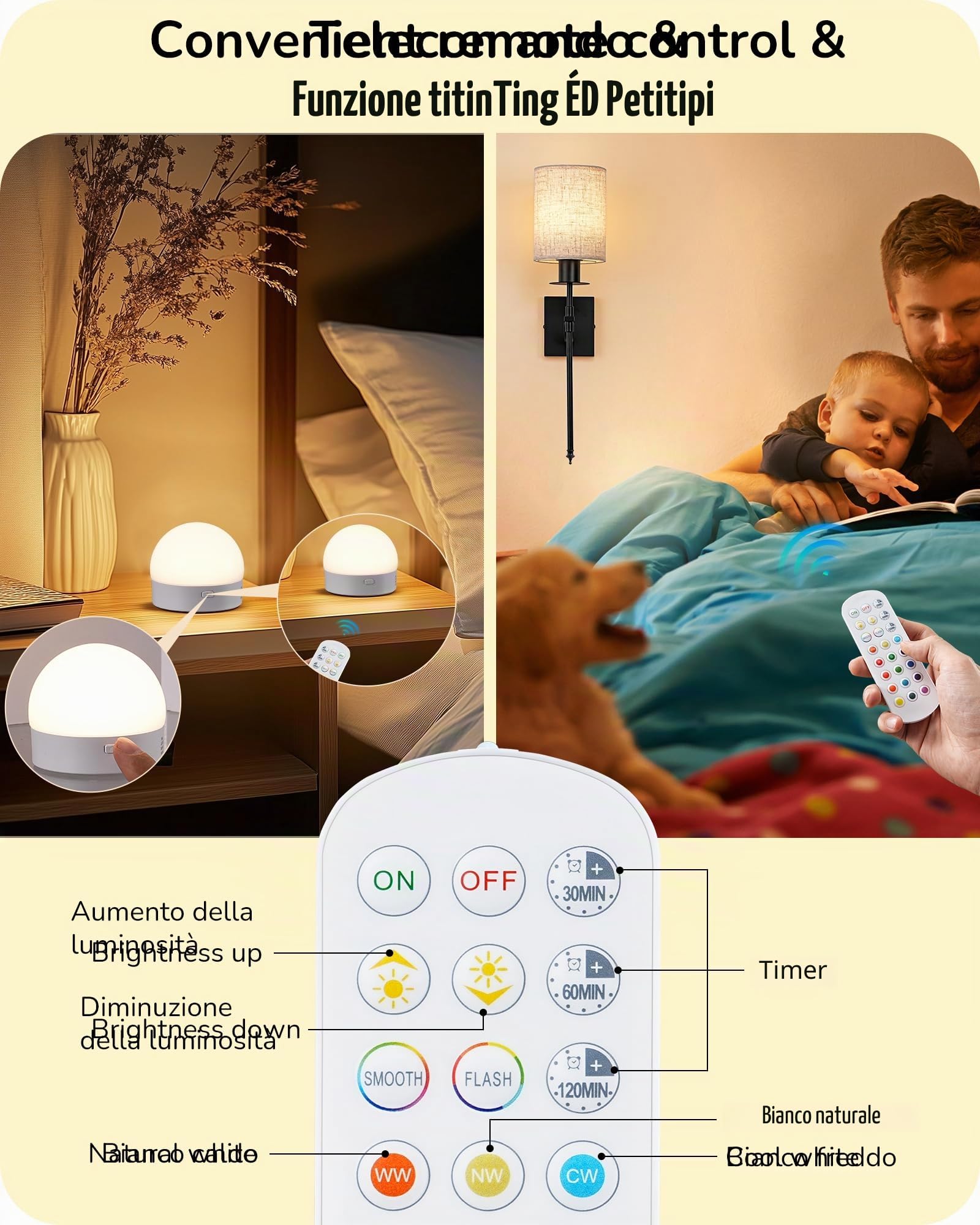 EDISHINE Lampada da Parete Interni Senza Fili 2 Pezzi, Telecomando e Lampadina E27 RGBW Dimmerabile e Ricaricabile, 3000K-4500K-6000K, Paralume Beige, Base Nera per Soggiorno, Camera, Corridoio