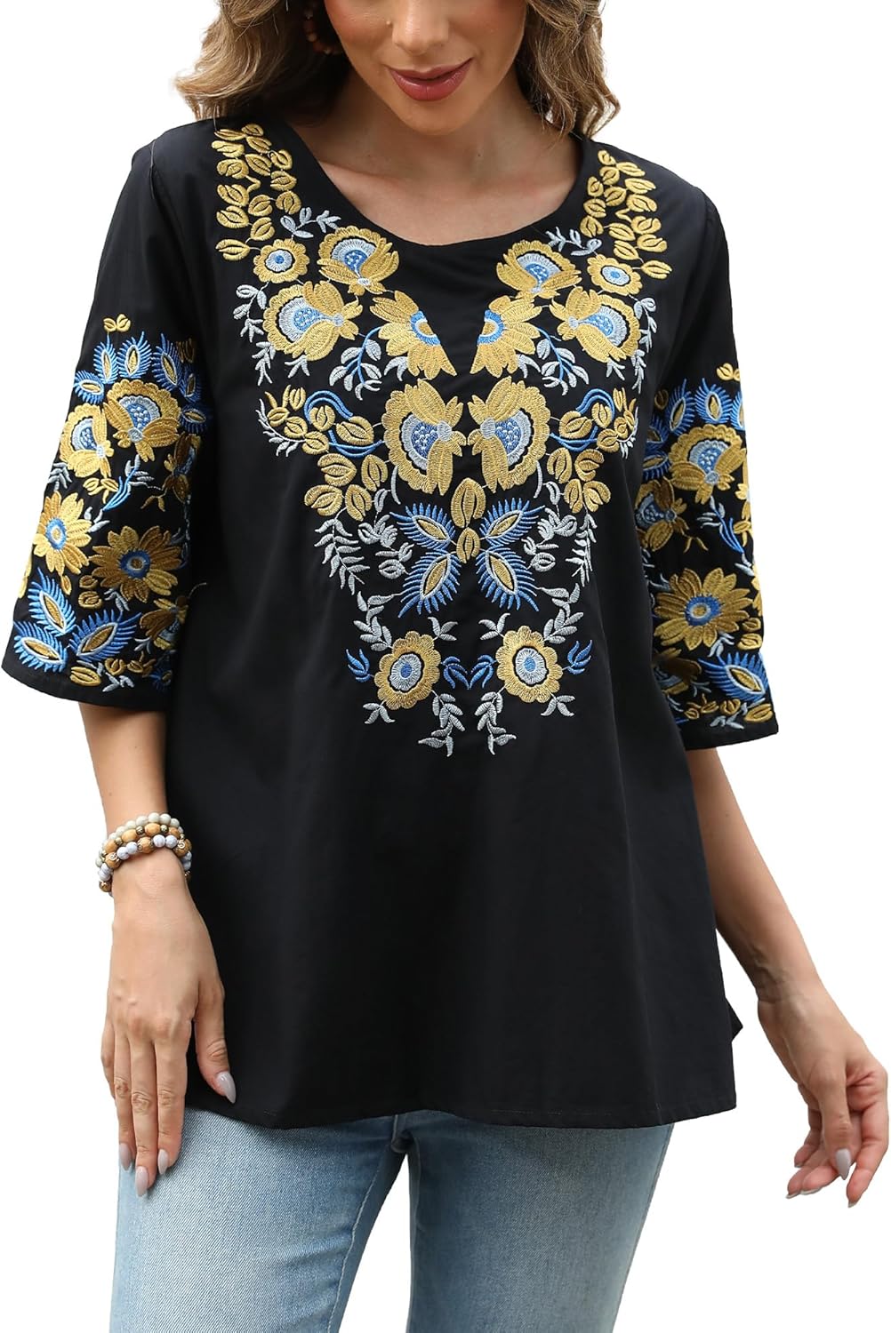 Higustar Summer Women's Embroidered Tops Mexican Boho Fiesta Blouses Bohemian Peasant Tunic Embroidery Shirts - Image 4