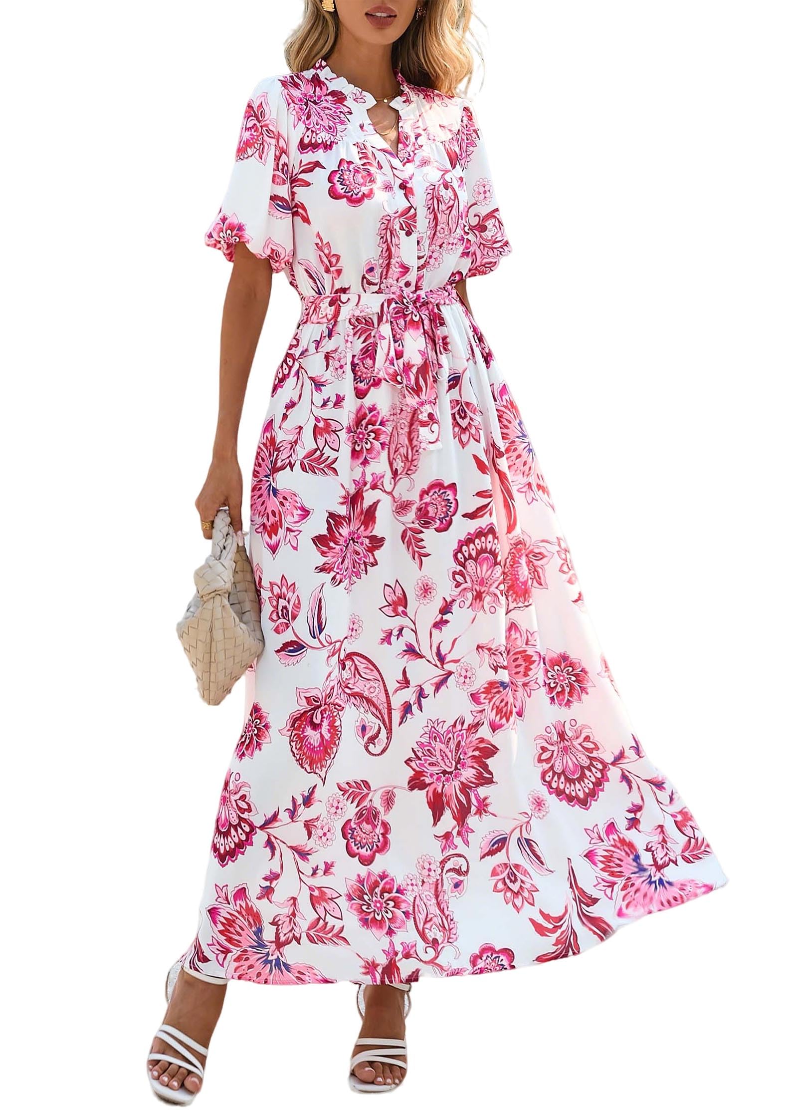 KIRUNDO Women Spring Summer Wedding Guest Boho Floral Maxi Dress Puff Sleeve Button Shirt V Neck Flowy Beach Vacation Dress