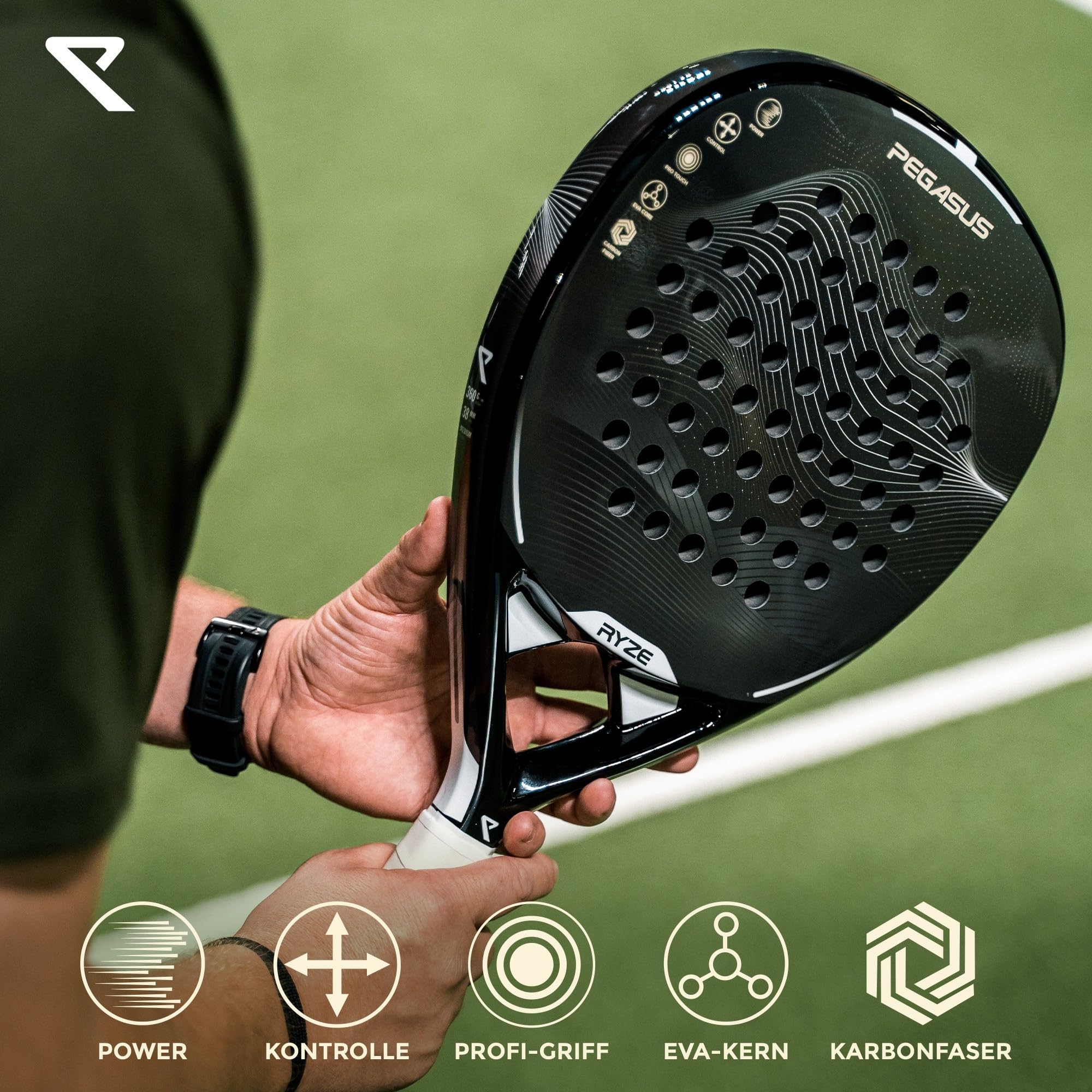 RYZE Pegasus Padel Schläger aus 100% Kohlefaser - Maximale Power & Kontrolle - 360g Leicht & Langlebig - Unisex Padelschläger für Männer & Frauen - Padel Racket Set Inkl. kostenloser Hülle