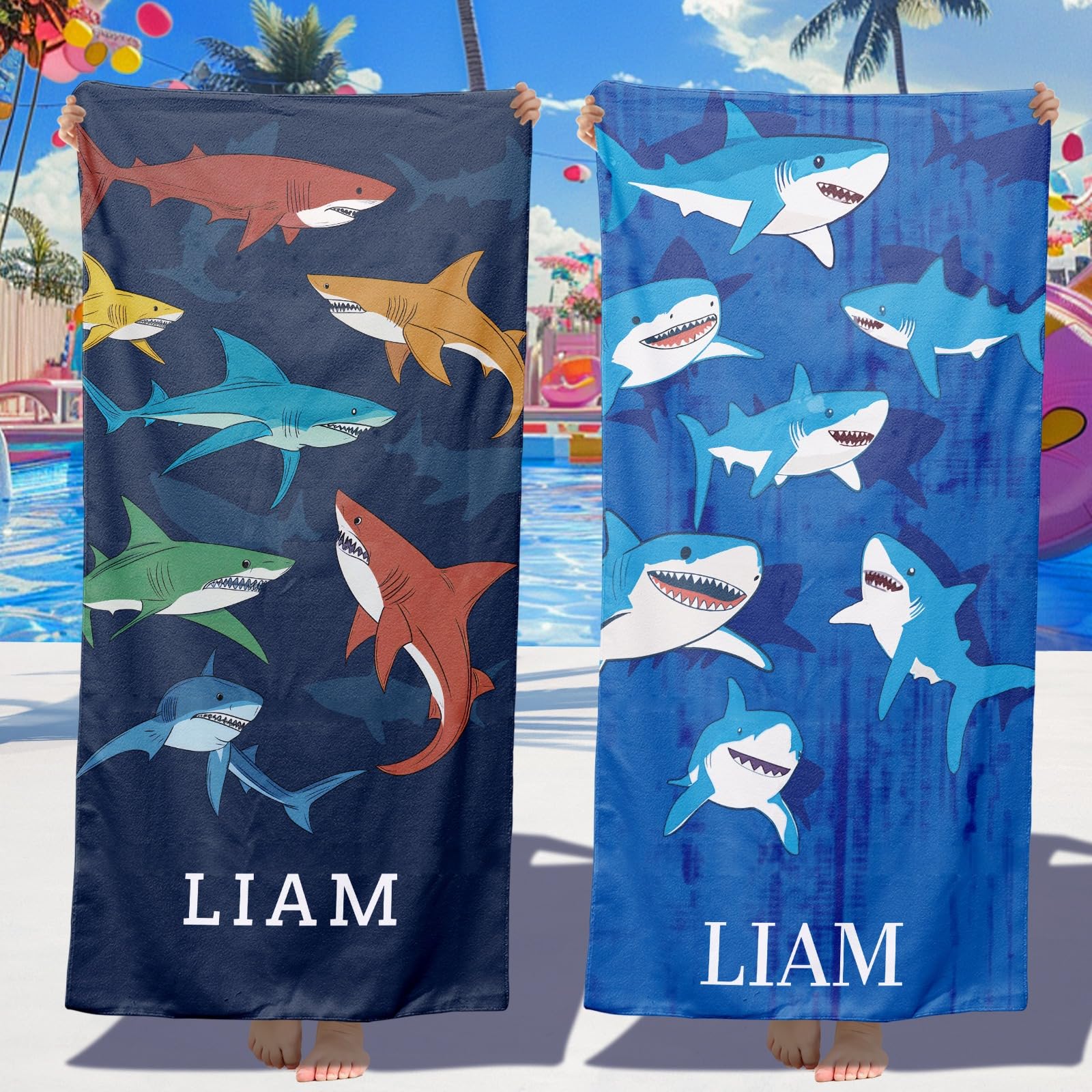 Personalized Beach Towels for Kids, Custom Kids Beach Towels with Monogram & Name, Shark Beach Towel Ultra Absorbent Swimming Towels, Customized Bath
