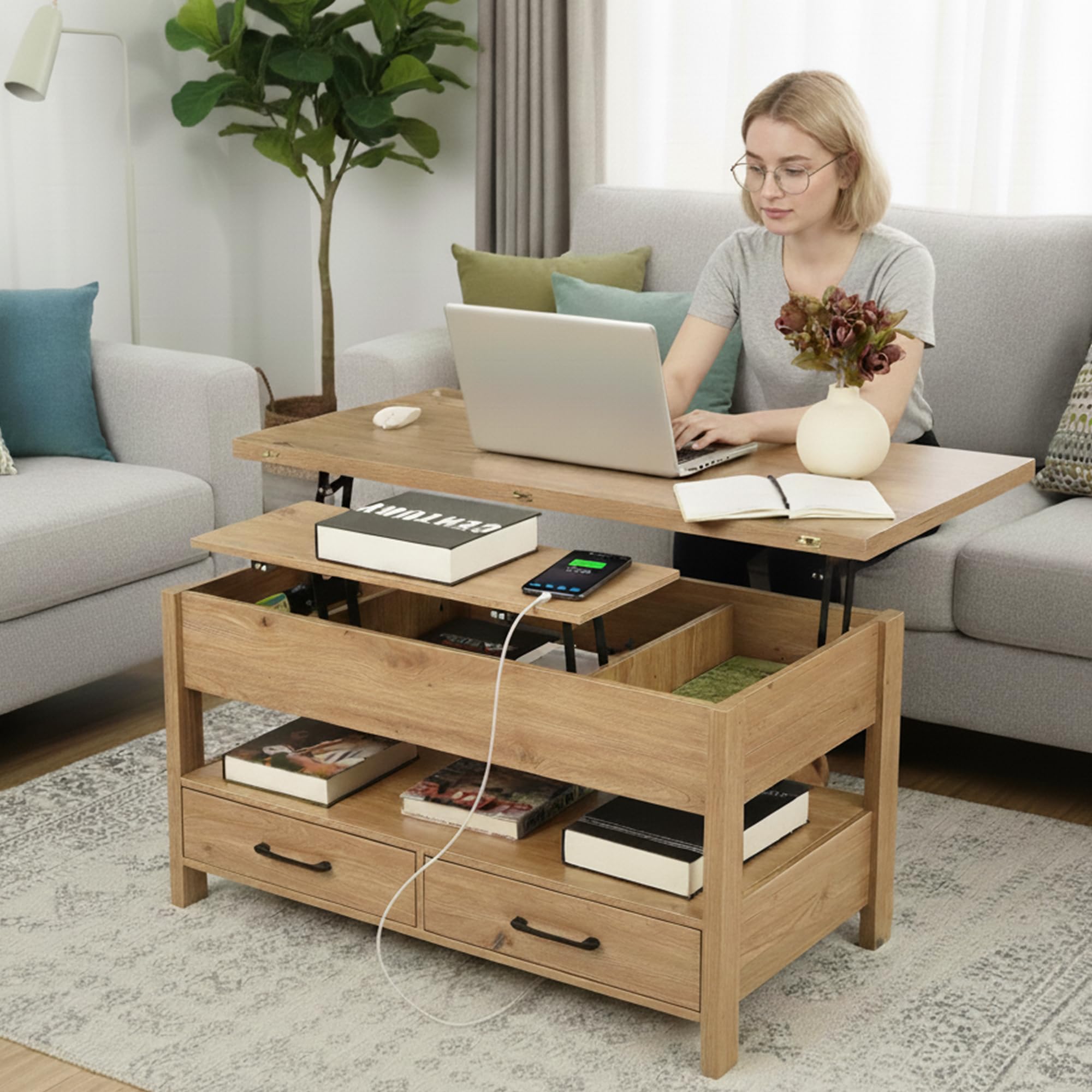 Tavolino da Salotto Regolabile in Altezza, Tavolo Pieghevole Allungabile Trasformabile in Tavolino da Caffè con Cassetti e Vano Nascosto Salotto Moderno Mobili Soggiorno/100x50x50CM-Stile-A/Faux Oak
