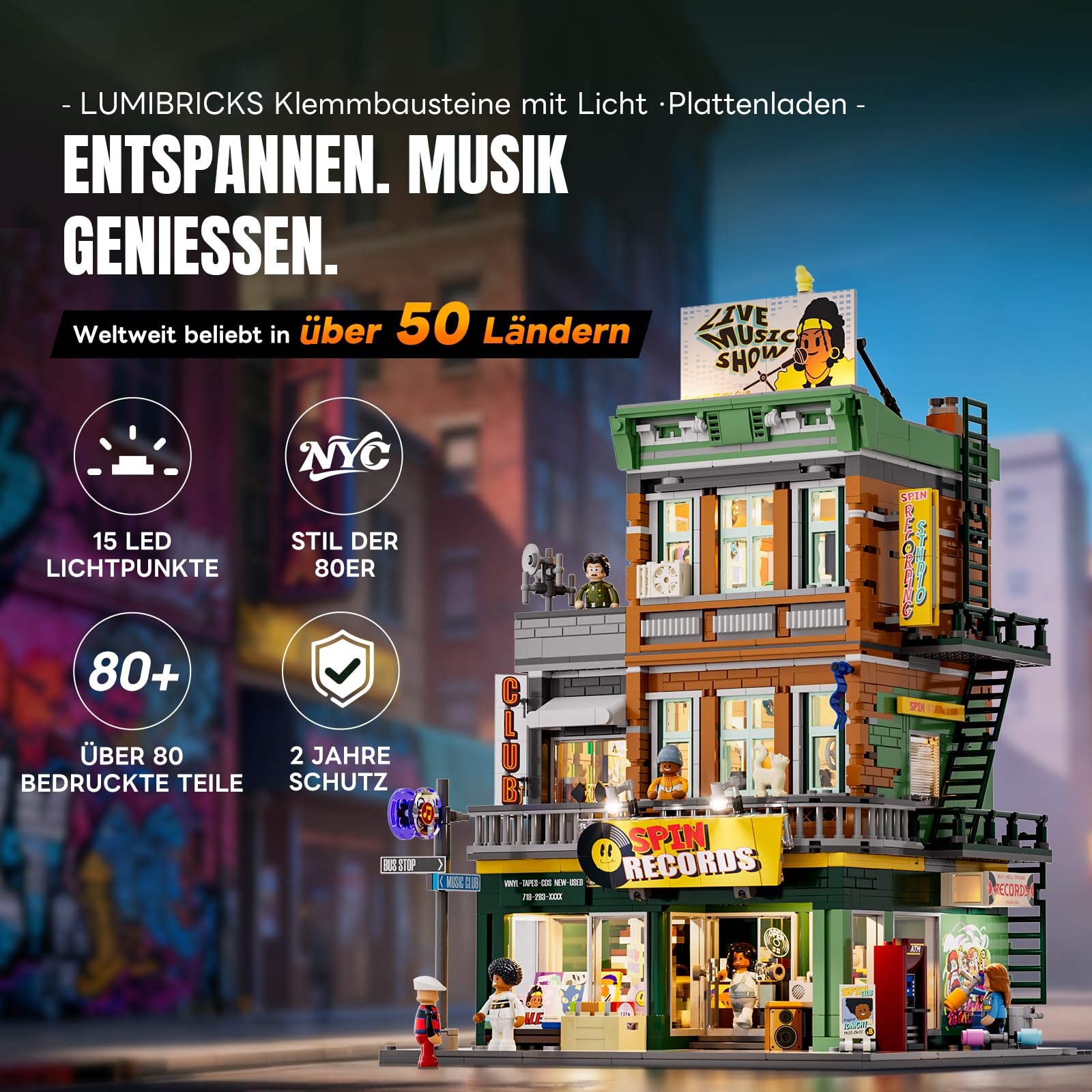 Lumibricks Plattenladen Beleuchtung Klemmbausteine Haus - 1980 Pcs Street Fusion Audio Shop, Multi-Form Modular Building Sammlung Kit für Erwachsene & Musikliebhaber
