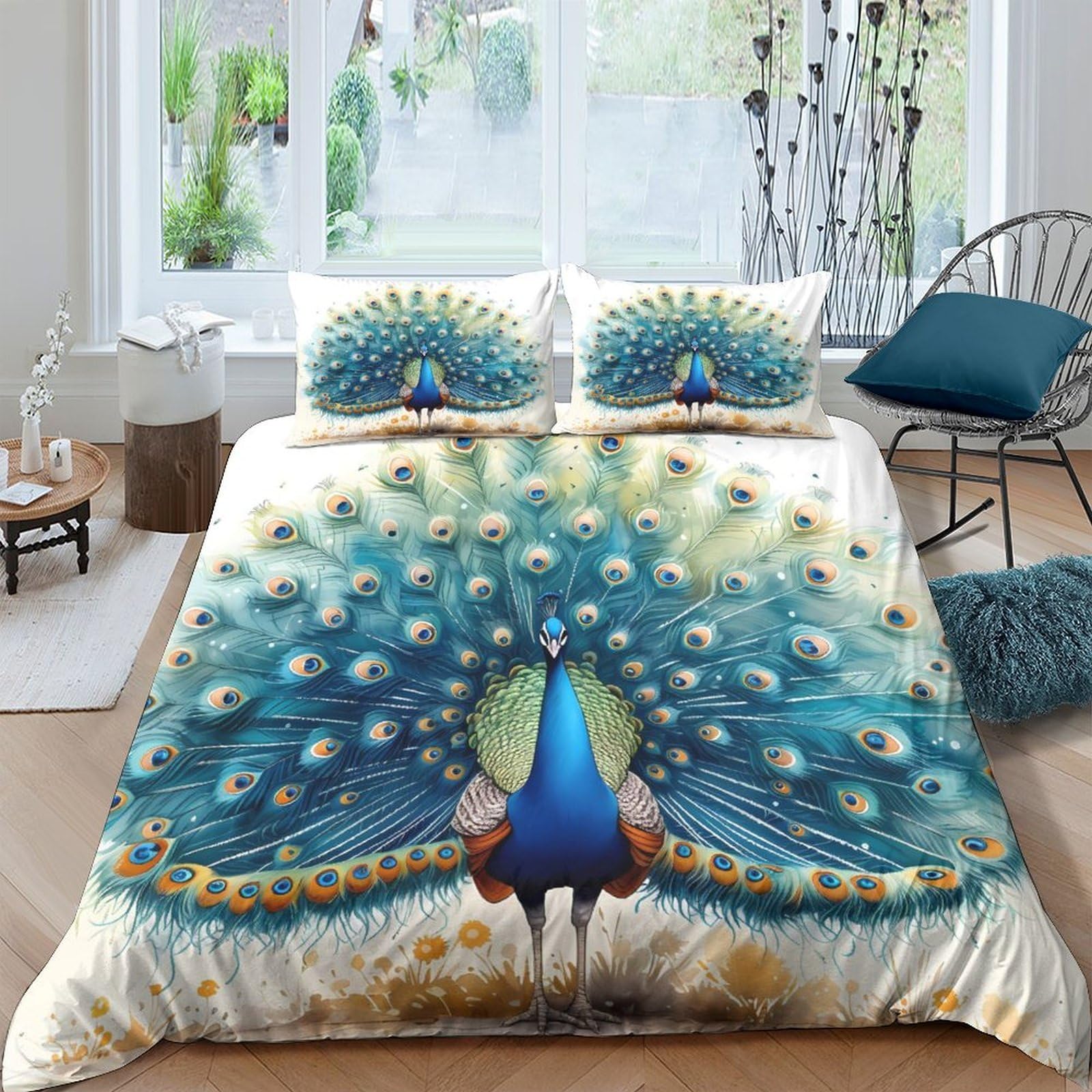 GPLZQXKJNH 3D Printed Peacock Feather Duvet Cover Microfiber Soft Blue Bird Bedding Set with 2 Pillowcases for Bedroom Decor Single（135x200cm）