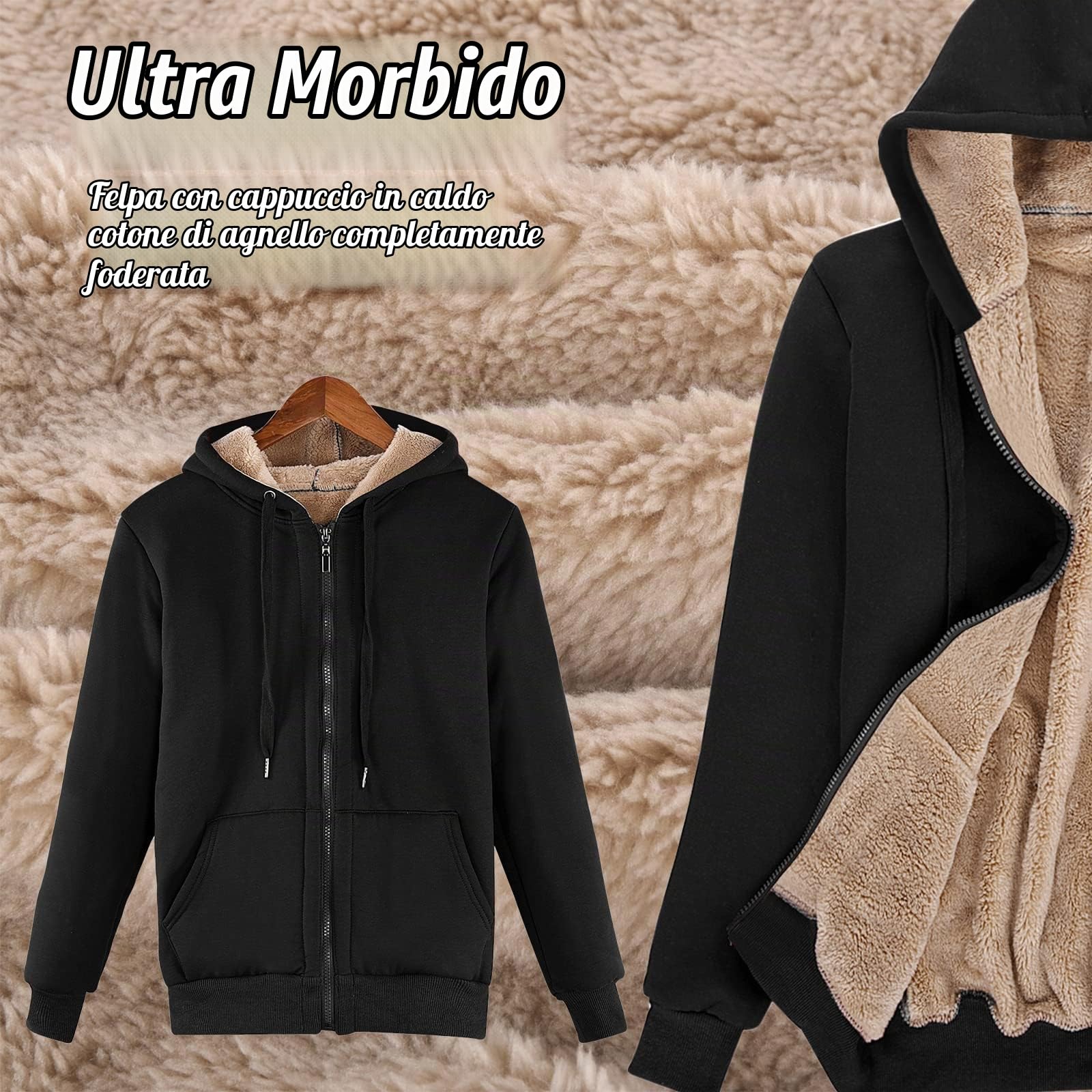Voqeen Felpe Donna con Cappuccio Caldo Felpa in Peluche Cerniera Coulisse con Tasca Cappuccio Cordoncino Manica Lunga Sweatshirt Hoodies Cappotto Giacca Autunno Inverno