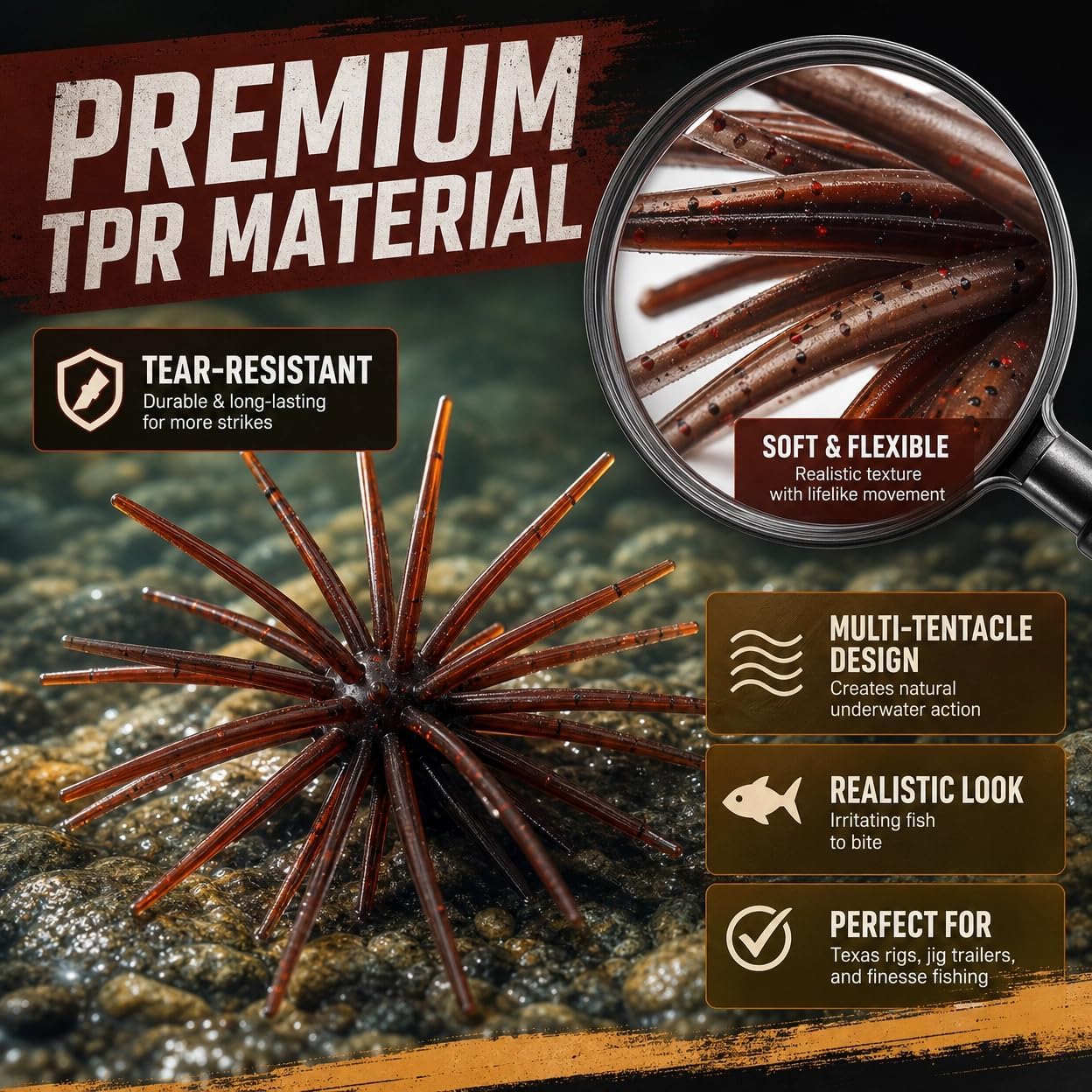 6/10 Pack Sea Urchin Bait, 4.33 Inch TPE Soft Bait for Bass Fishing | 6/10 pack 4.33-inch TPE sea urchin soft baits in Flashing Red and Flashing Brown with multi-tentacle profiles for bass