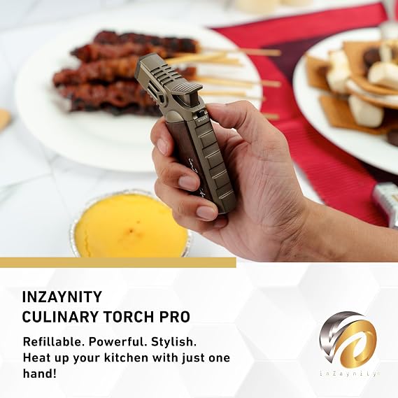 inZaynity Quad Torch Lighter - Kitchen Torch & Lighter for Cooking, Baking, and Soldering - Adjustable Flame Control & Safety Lock Kitchen Torch (Steel Brown) - Butane NOT Included
