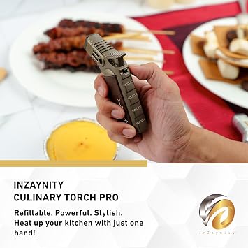 inZaynity Quad Torch Lighter - Kitchen Torch & Lighter for Cooking, Baking, and Soldering - Adjustable Flame Control & Safety Lock Kitchen Torch (Steel Brown) - Butane NOT Included