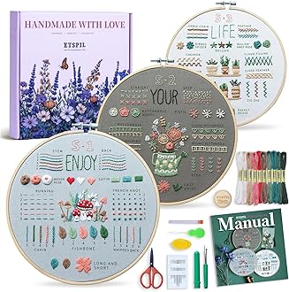 ETSPIL Embroidery Kit for Adult Beginners, 3-Pack 33-Stitch Practice Samplers, Pre-Stamped Patterns, 7.8-Inch Hoop, Threads & Needles, Step-by-Step Guide & Video, DIY Needlework Craft Gift for Women