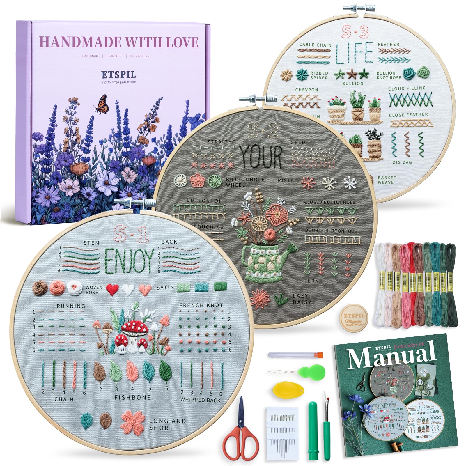 3 Sets Embroidery kit for Beginners Adults，Learn 33 Different Stitches DIY Kits ，Includes Stamped Flower Pattern, Hoop, Color Threads,Tools,Easy to Follow Instruction & Video… (Simple B)