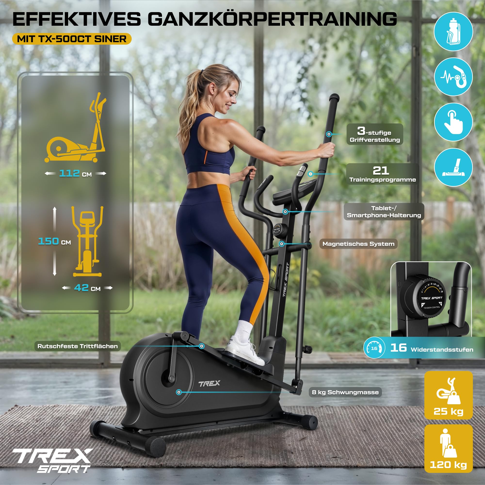 TREX SPORT Crosstrainer für zuhause SINER bis 120kg 16-stufiger Widerstand