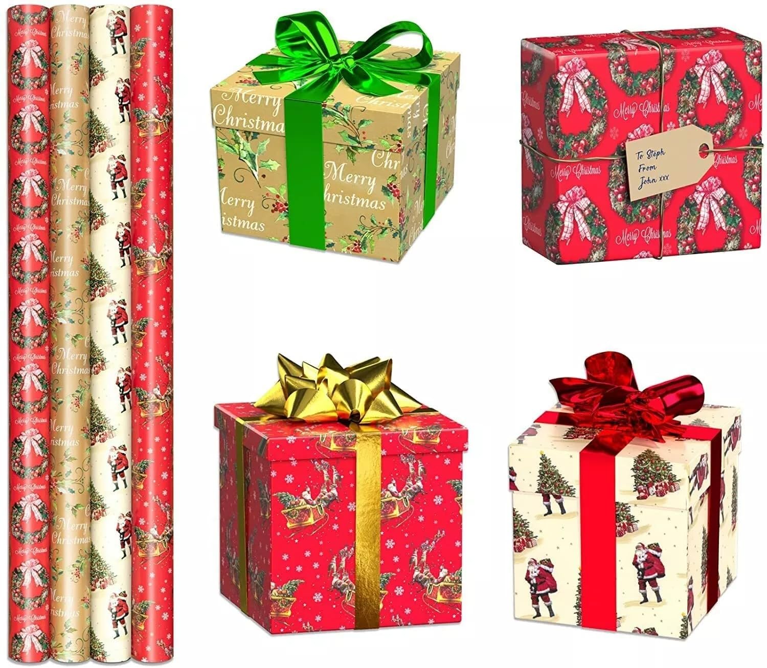 Pack of 4 x 8M Christmas Wrapping Paper Roll Traditional Santa Xmas Wrapping Paper Rolls for Birthday & Festive Gift Wrap - ANGIX