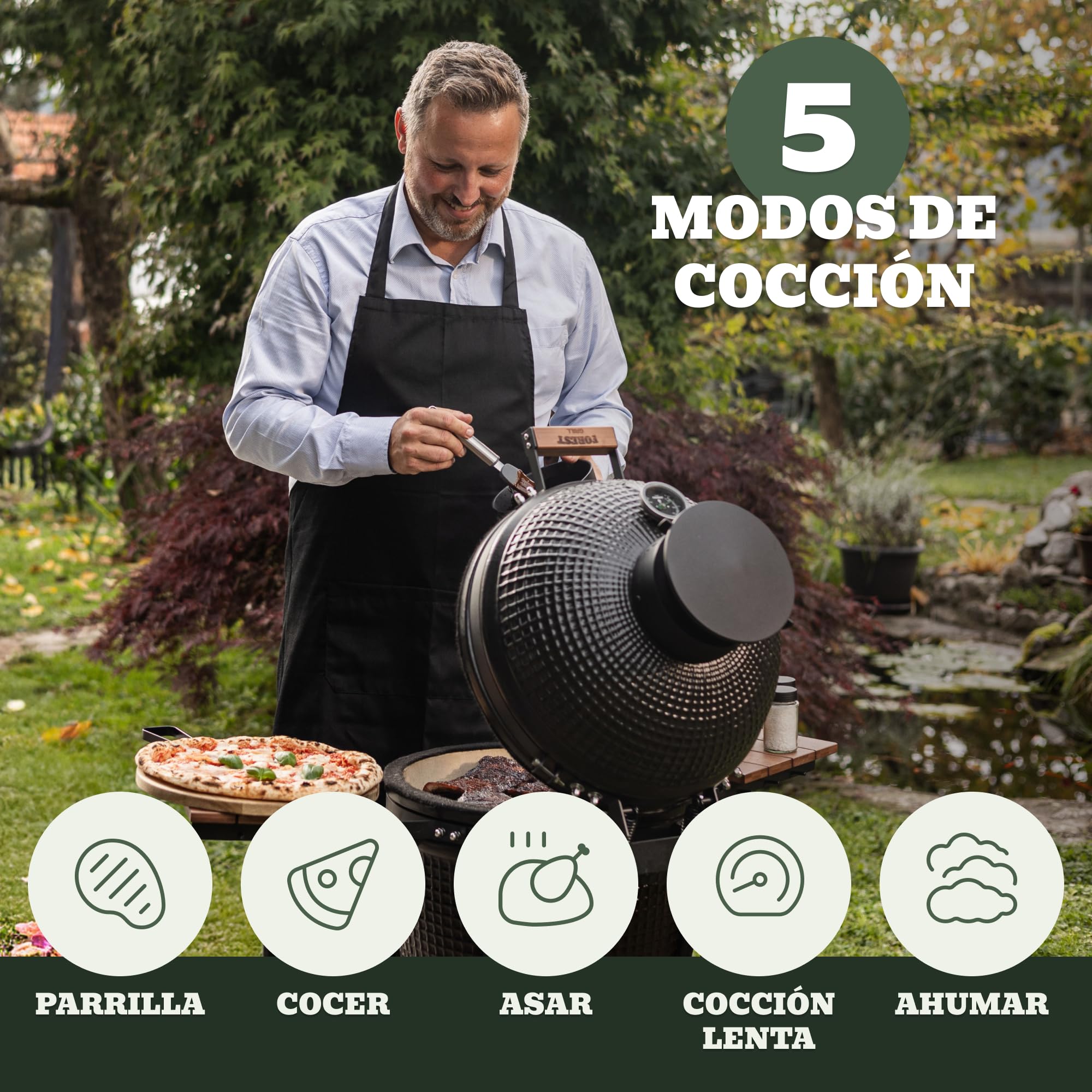 Kamado Forest-Grill M 16" Modelo Mediano: fácil de mover (41 x 59 cm) Incluye: 2 bandejas de madera abatibles Diámetro de la parrilla: 34 cm
