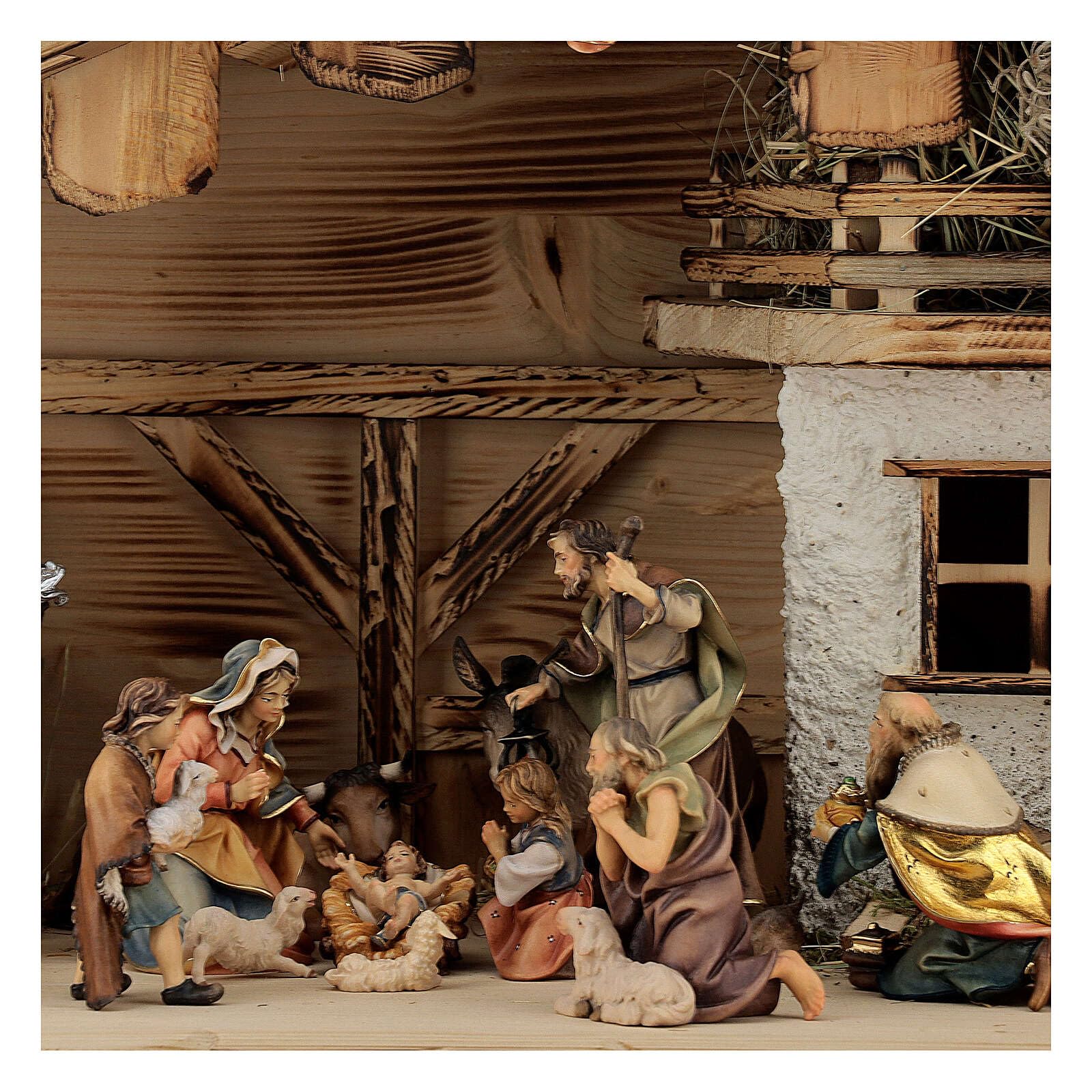 Holyart Presepe Val Gardena: Presepe Re Magi pastori, bue e asino mod. Original legno dipinto Val Gardena 12 cm - 22 pz