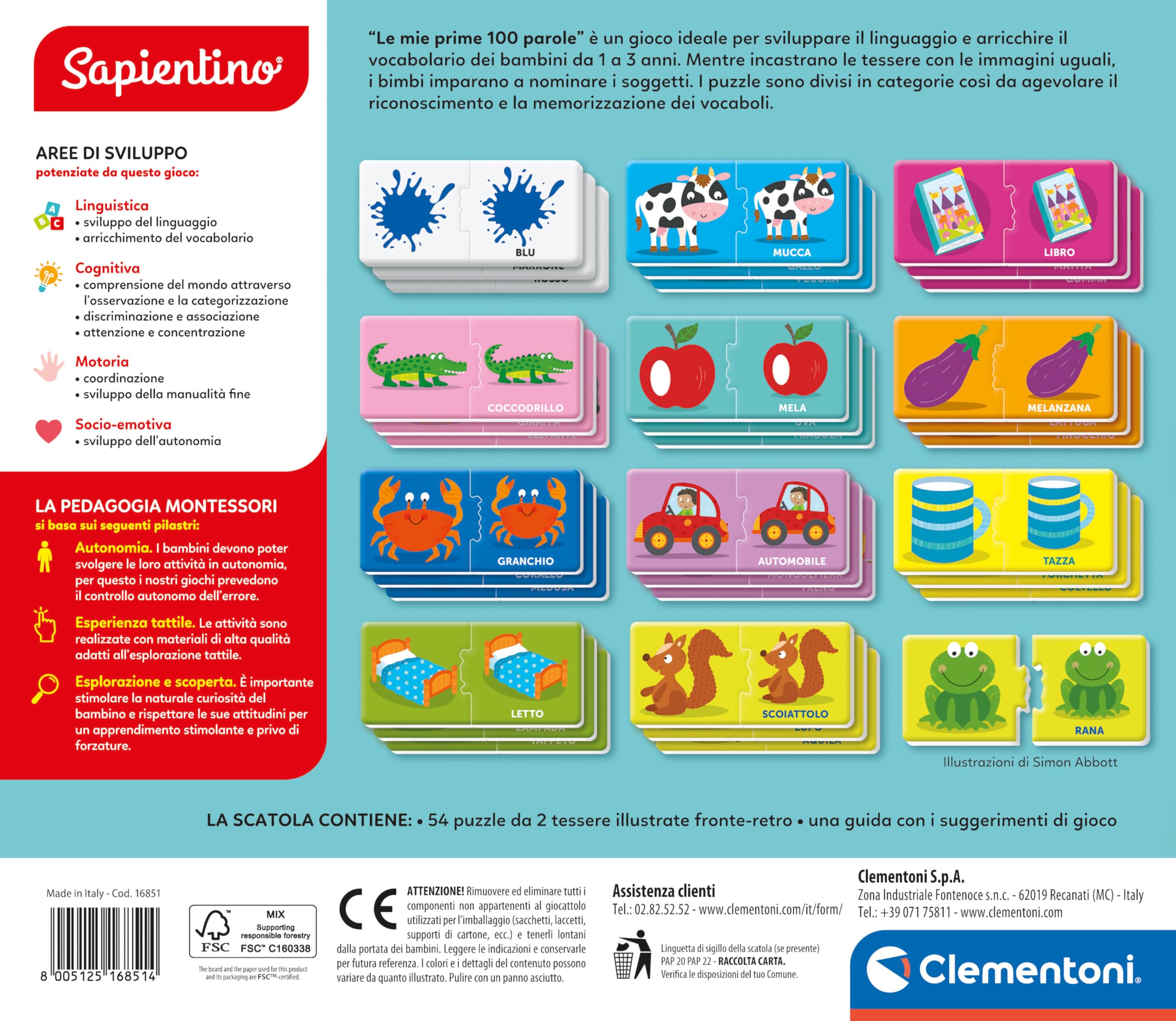 Clementoni Sapientino Montessori Le Mie Prime 100 Parole Gioco Educativo Bambini 1-3 Anni 54 Puzzle a Incastro Italiano 16851