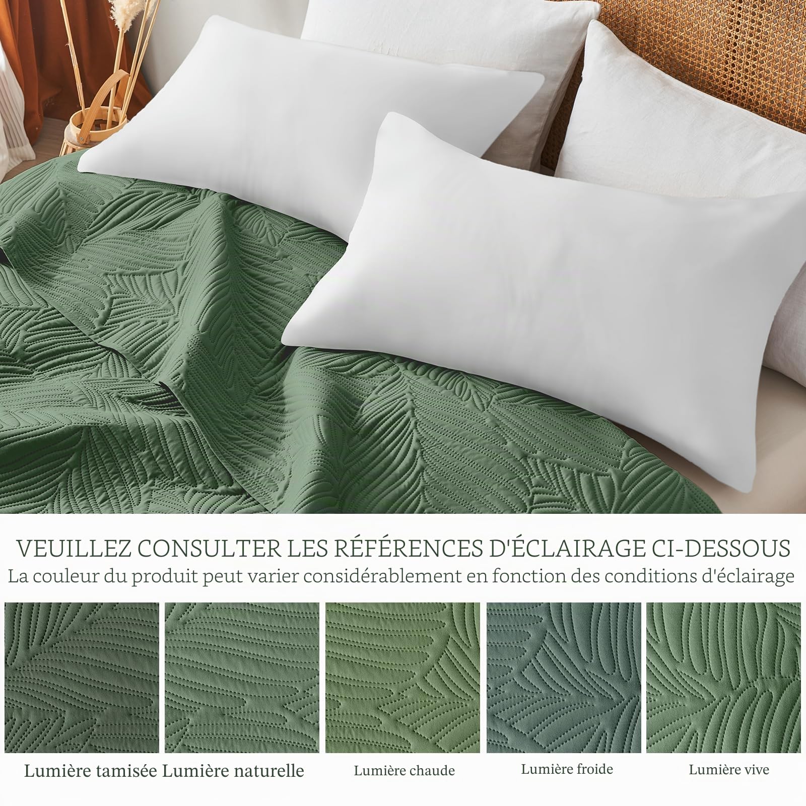 Couvre-lit 170x210 cm Vert,Boutis Matelassé en Polyester Doux,Motif Feuilles Décoratif,Confort Léger et Doux,pour Lit Double et Canapé,Convient à Toutes Les Saisons