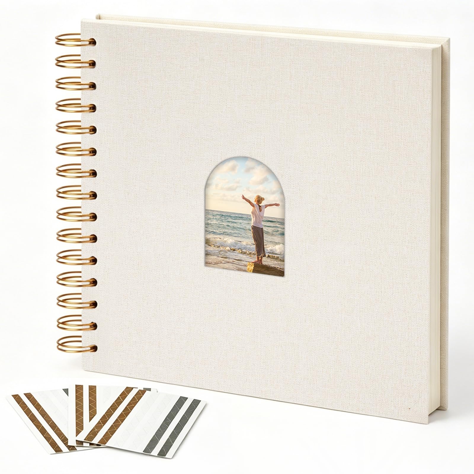 Vienrose Álbum de recortes de 12 x 12 pulgadas, álbum de fotos con ventana de arco de lino, 80 páginas en blanco, álbumes de fotos para boda, baby shower, color beige