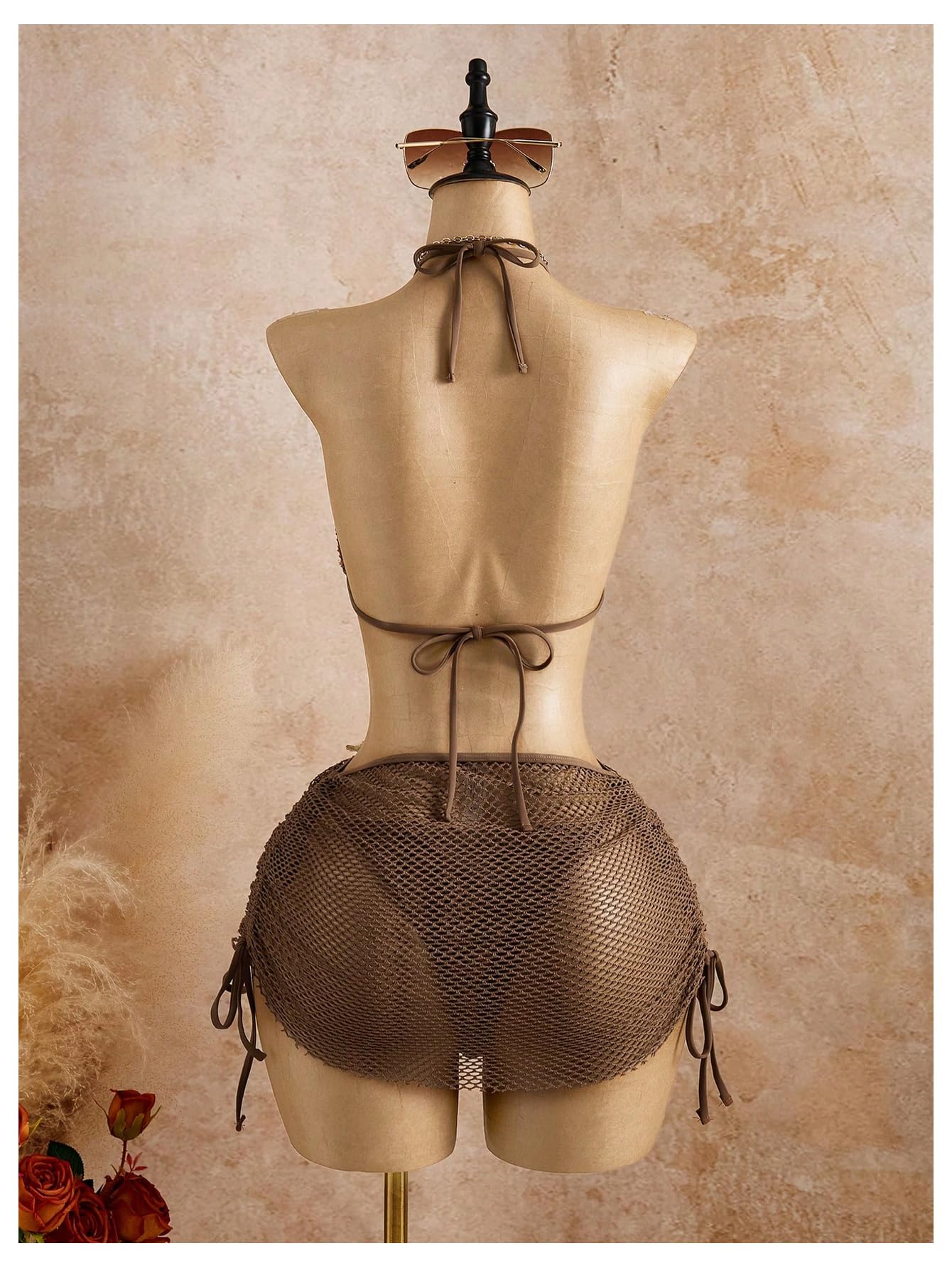 Traje de baño de ganchillo de 3 piezas para mujer, conjunto de bikini halter con lentejuelas florales con falda para cubrir, color marrón, talla M