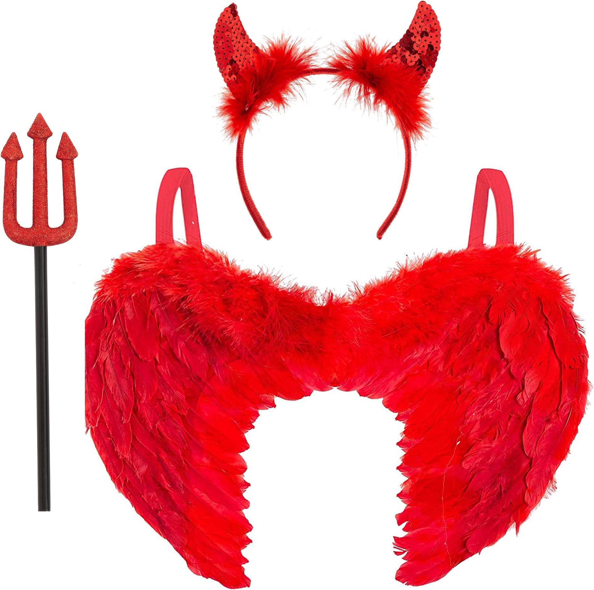 3pc Red Devil Costume Women - Ladies Devil Outfit with Red Angel Wings, Sequin Horns Headband and Pitchfork Kids Halloween Costumes Women Fallen Angel Wings Halloween Fancy Dress Accessories