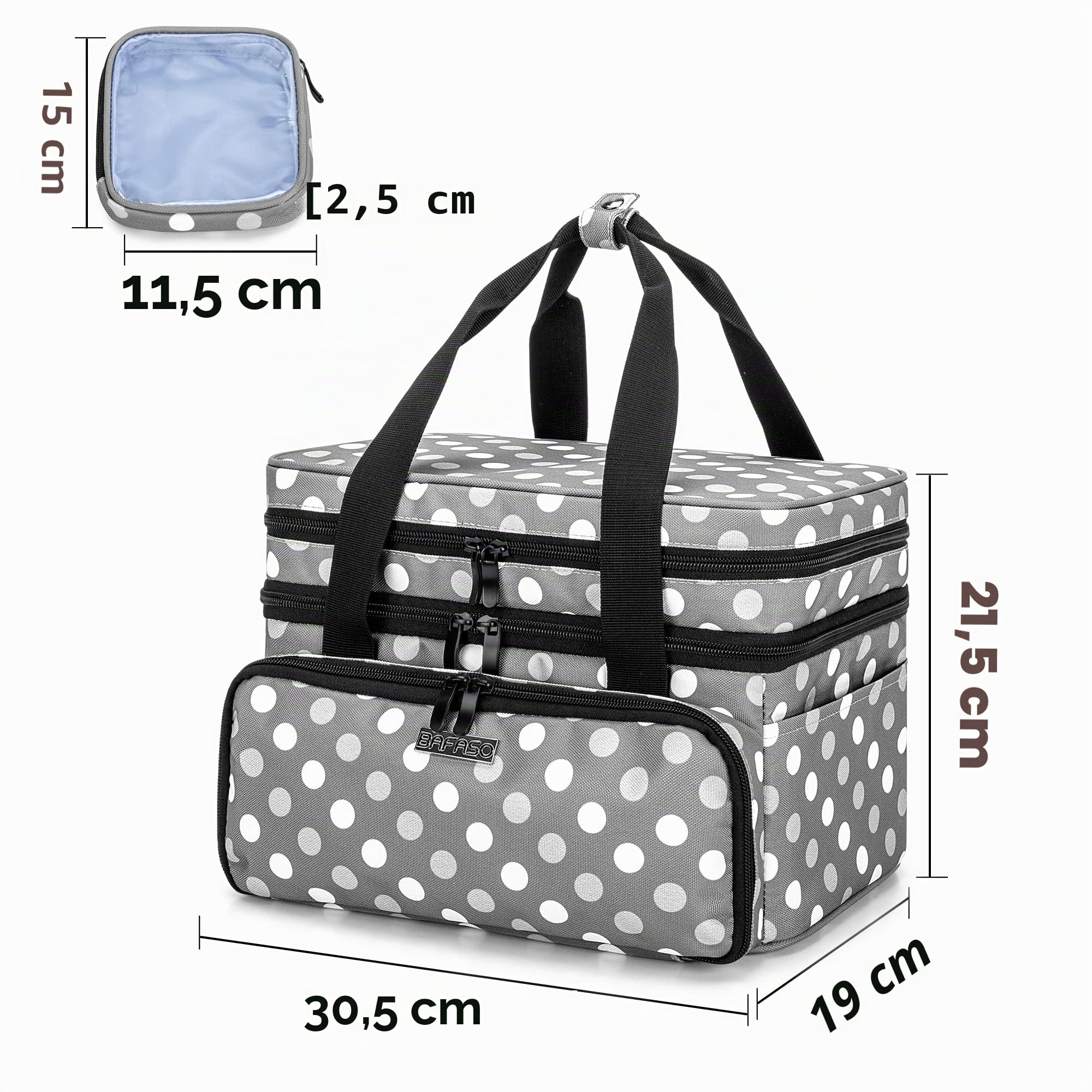 BAFASO Sac pour Kit de Couture Double Couche, Organisateur pour Accessoire Couture avec 2 Pochettes Détachables, Boite a Couture Grande (Aucun Accessoire Inclus), Points Gris