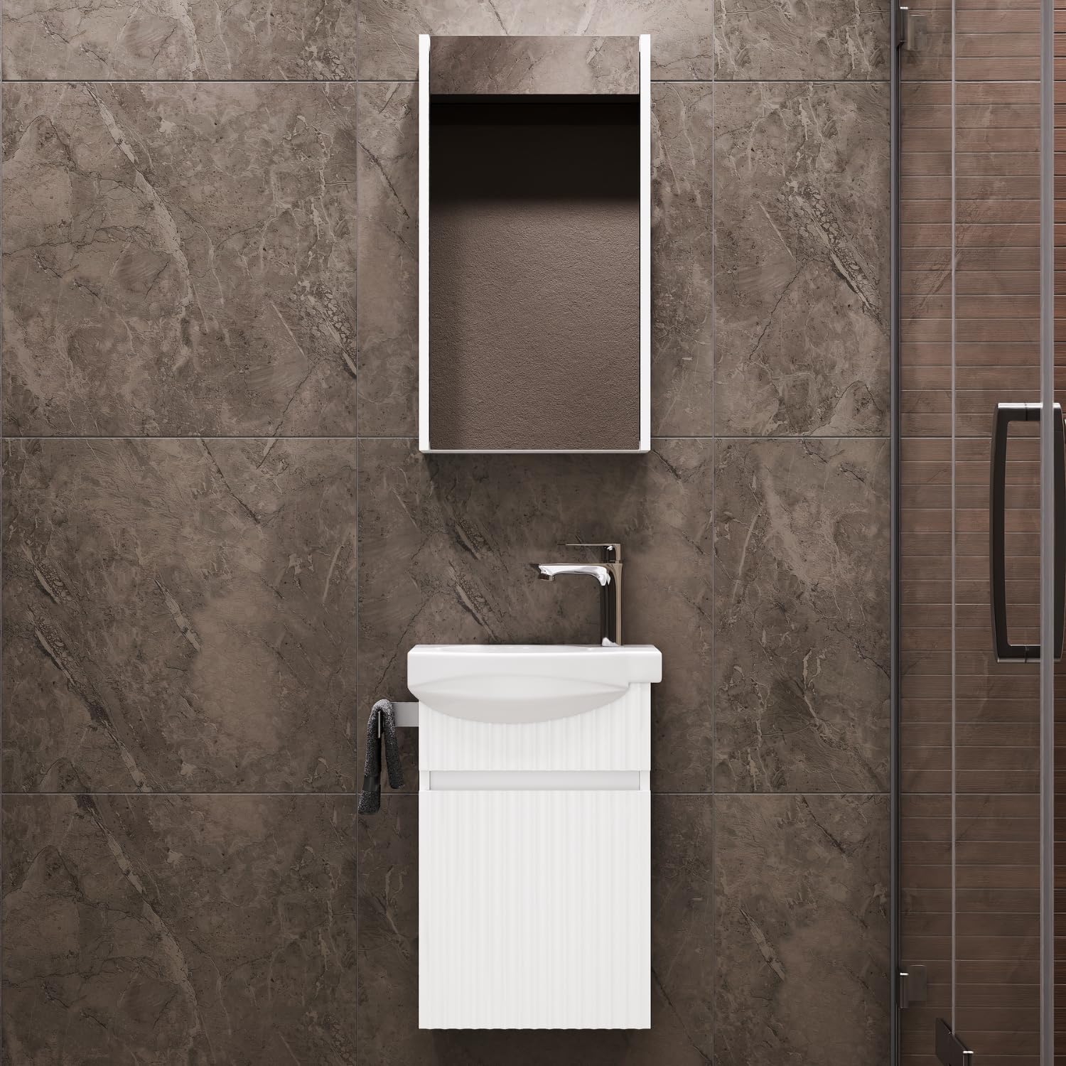 Planetmöbel Waschbecken mit Unterschrank 40 cm inkl. Keramikwaschbecken und Spiegelschrank, Gäste WC Badmöbel Set, weiß matt