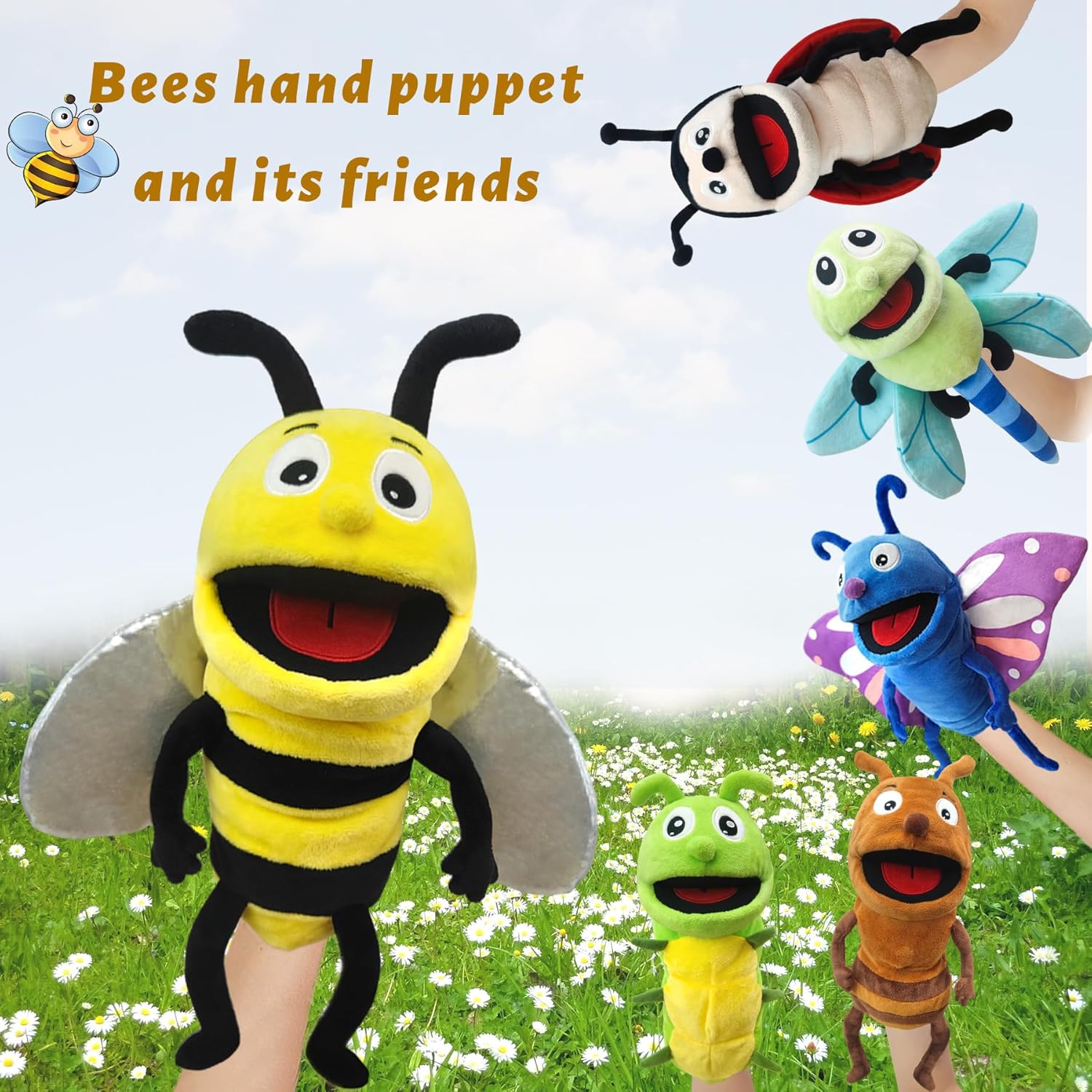 Hand Puppet Realistic Plush Puppet 13",Insect Animal Puppets for Kids Insect Stuffed Animal Hand Puppet with Moveable Mouth,Soft Stuffed Bee Puppet Story Toy Puppets Role Play Show Game