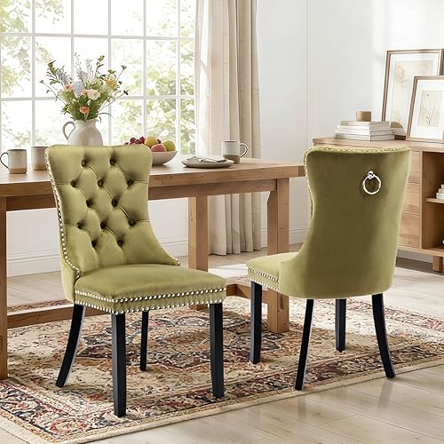 Miniatura 52 de Juego de 6 sillas de comedor de cuero, sillas laterales con respaldo alto, silla lateral tapizada moderna con anillo trasero de botón, patas de negro