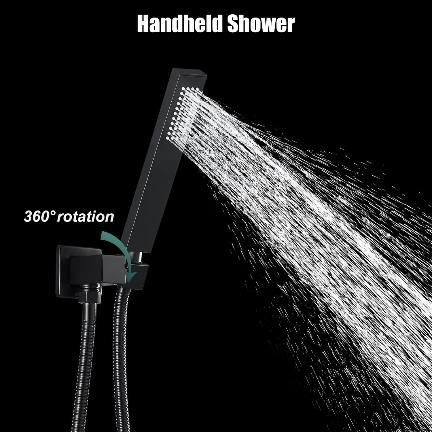 Heyalan SUS304 Stainless Steel Handheld Shower Wand High Pressure Luxury Shower Set High Flow Rectangle Hand Shower Spray with Wall Connector Holder and hose, Straight Style Matte Black