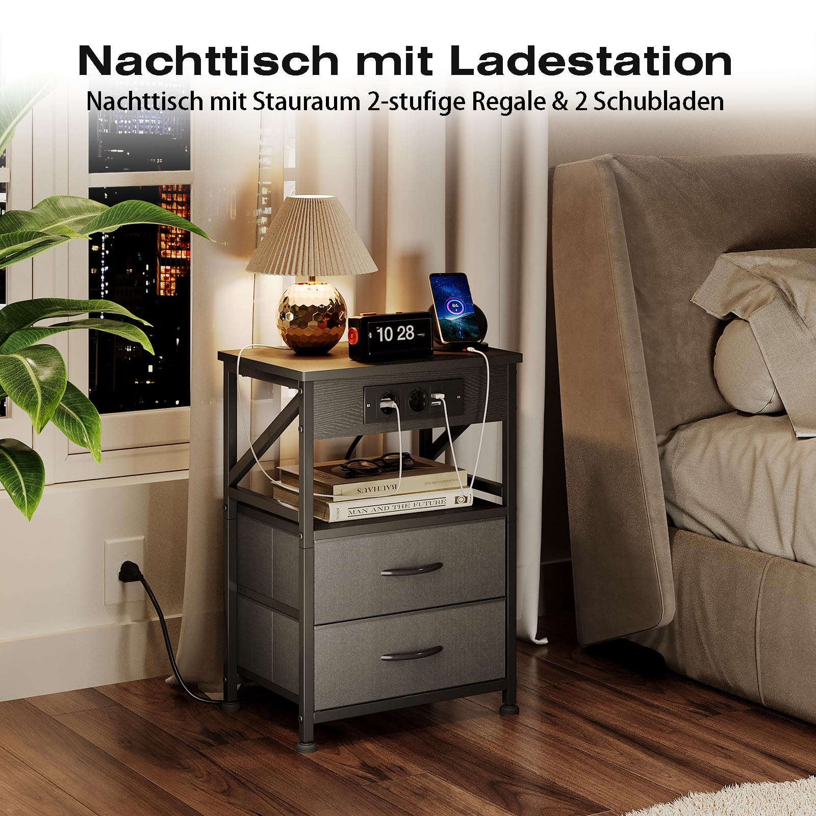 MUTUN Nachttische mit Steckdose, Beistelltisch mit Schublade & Ladefunktion, Nachttische mit 3 AC-Anschlüsse & 2 USB-Anschlüssen, Grau