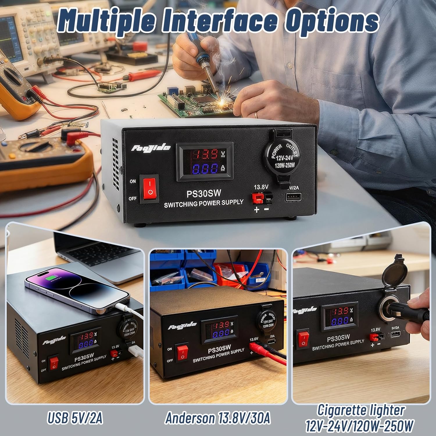 DC Bench Power Supply 30A 13.8V, Universal Regulated Power Supply for Radio, USB+Anderson+Cigarette Lighter Socket Home Lab Benchtop AC-to-DC Converter for CB/HAM/Amateur Radio