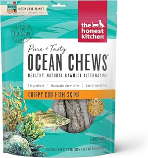 Honest Kitchen Ocean Chews: Human Grade Crispy Cod Fish Skins Dog Treats, Grain-Free Omega-3 Rich, 5.5oz