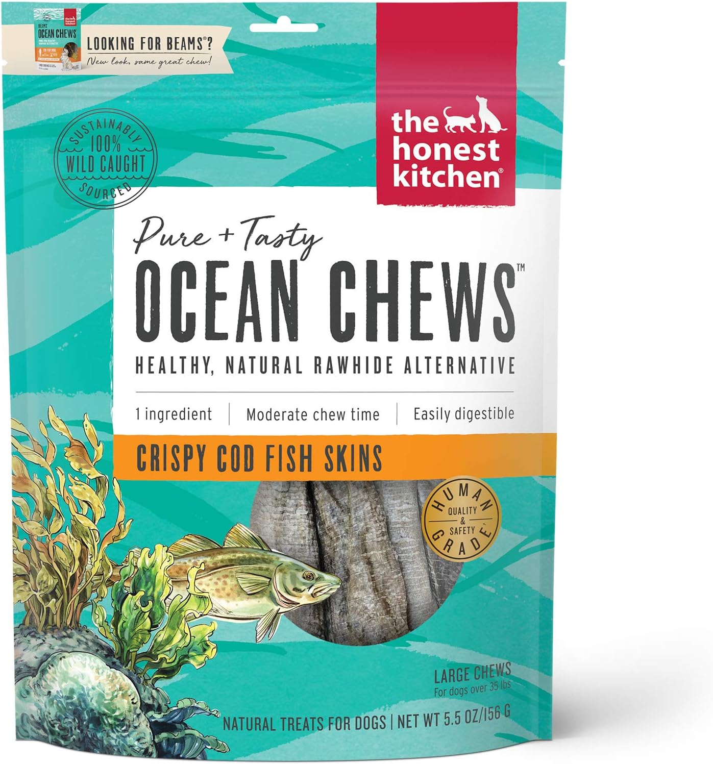 Ocean Chews Crispy Cod Fish Skins Dog Treats, 5.5 Oz (Beams)