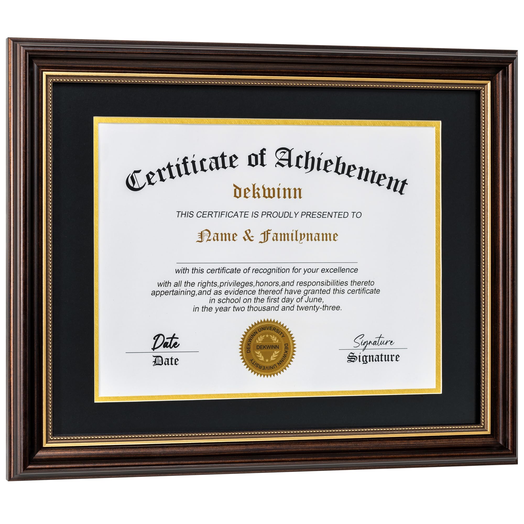 Diploma Frames 8.5x11 with Mat or 11x14 without Mat,1 Pack Reddish Brown/Gold Trim Certificate Document Picture Frame,Real Glass(Black/Gold Double Mat)