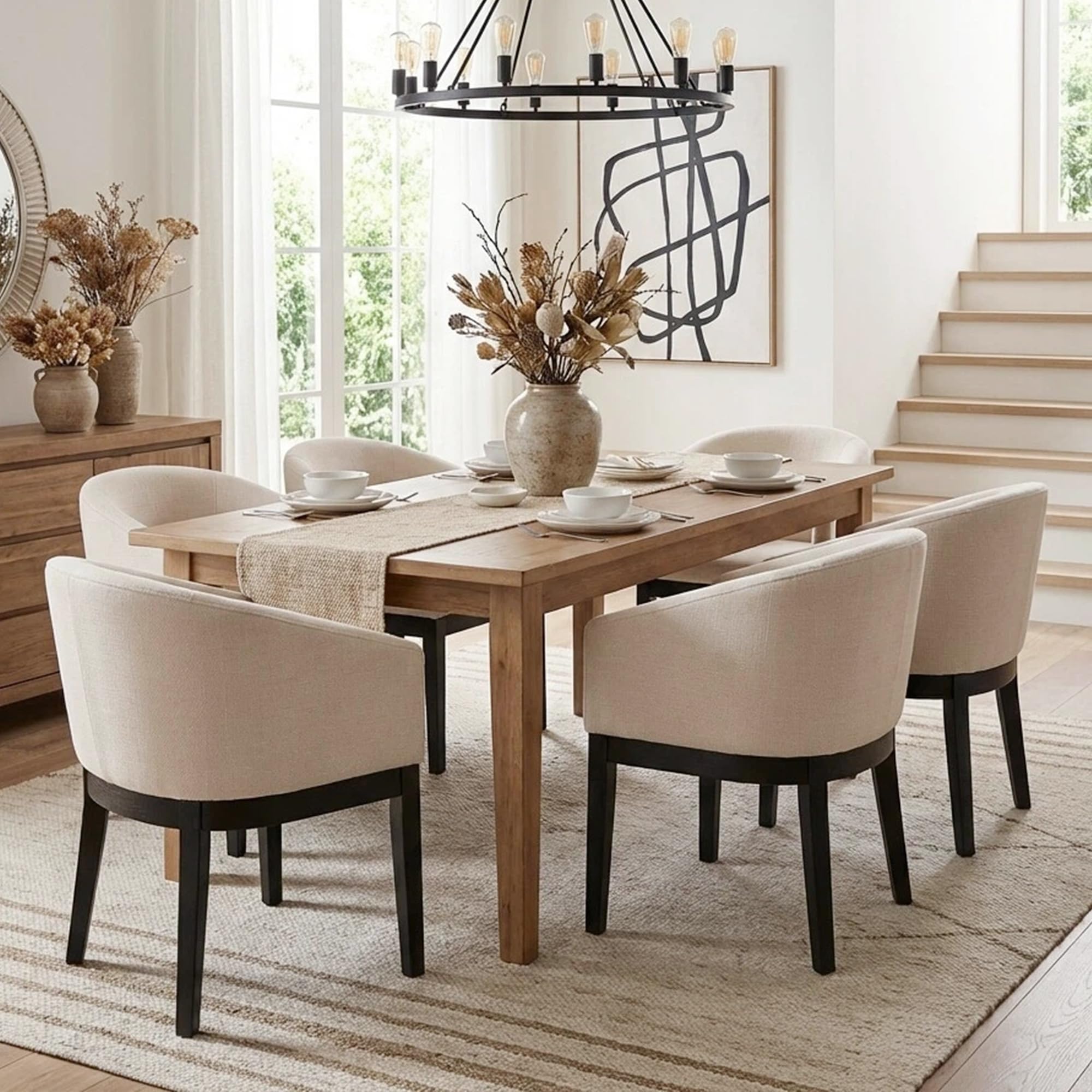 Mid Century Modern Upholstered Barrel Dining Chairs with Arms Set of 6, Farmhouse Linen Kitchen & Dining Room Chairs with Black Hardwood Frame, 18" W