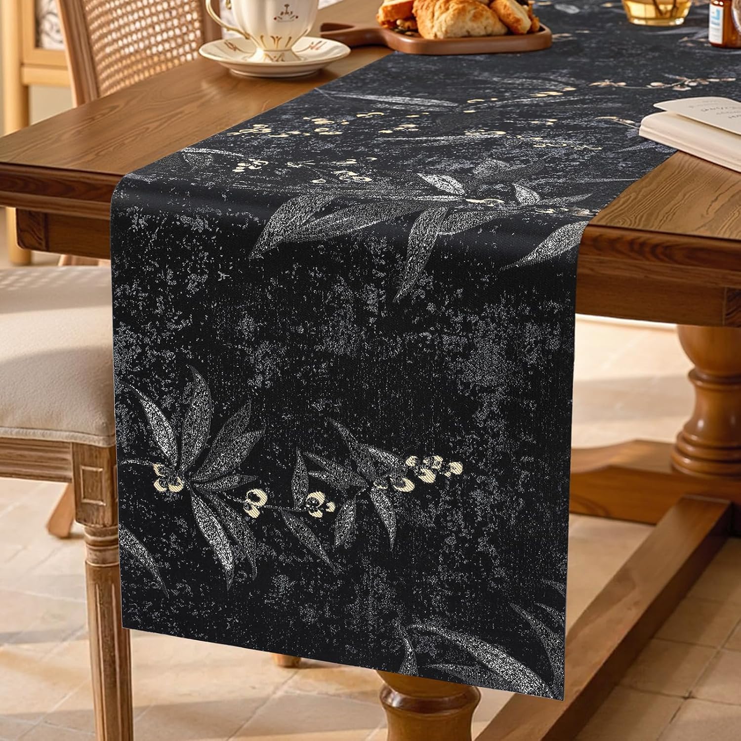 FAVE Black Table Runner Semi-Handmade Satin Table Runner Woven with Silver Threads Premium Table Runners 72 inches Long for Wedding, Banquet, Birthday, Party, Restaurant (Black Orchid-72”x11”)