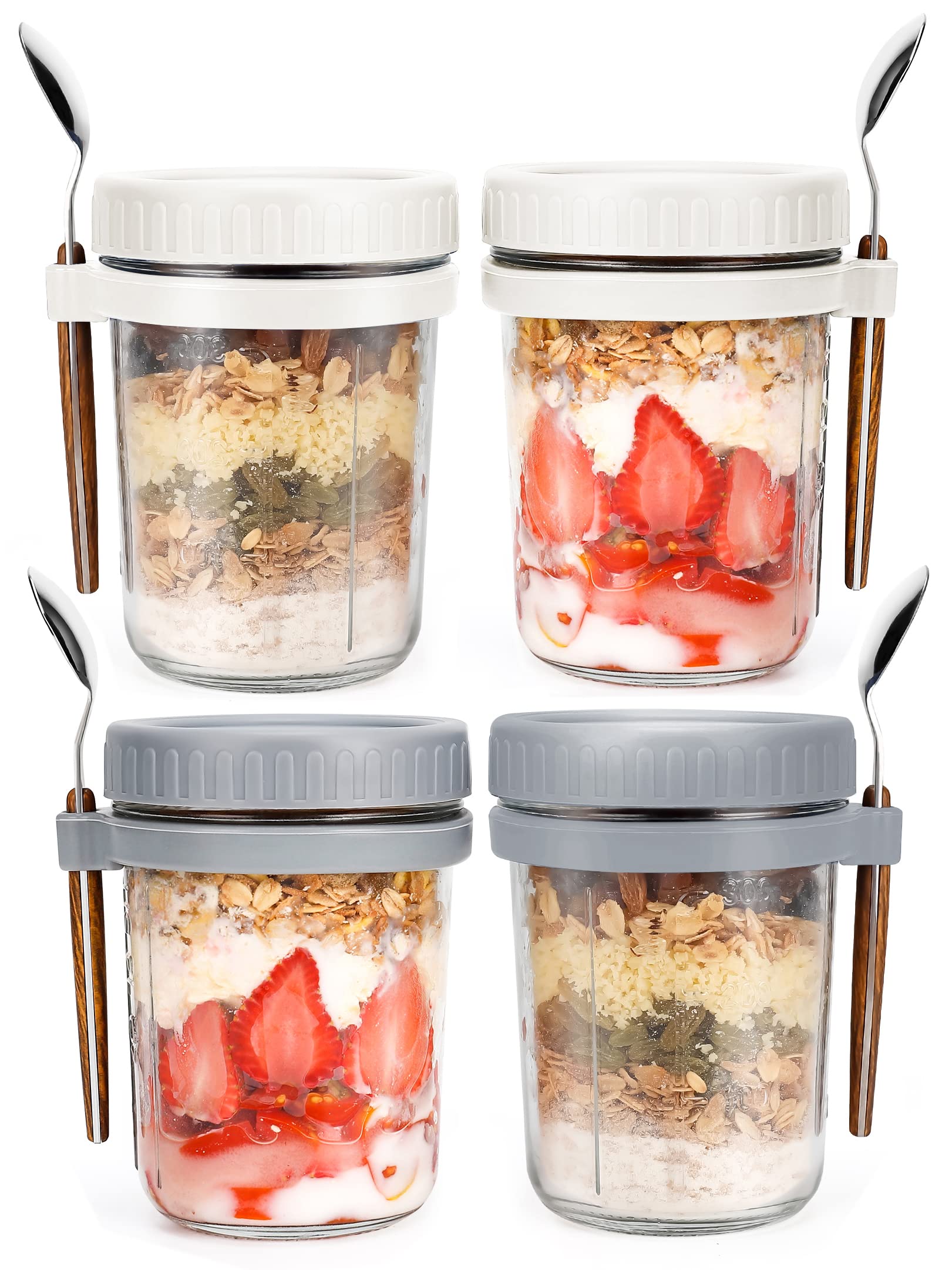 Overnight Oats Jars with Spoon and Lid (15 oz4Pack), Airtight Oatmeal Container with Measurement Marks, Mason Jars with Lid for Cereal On The Go Container (2 white+2 grey)