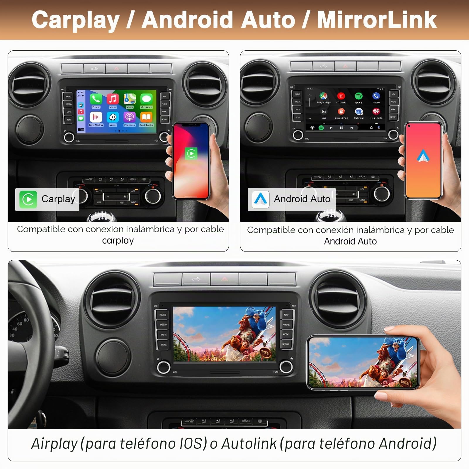 Radio de coche con pantalla de 7 pulgadas para Volkswagen, Seat, Golf, Passat, Jetta, Beetle, Touran, EOS, Skoda, Radio Bluetooth con pantalla táctil de Seat con CarPlay inalámbrico, Android Auto, GPS