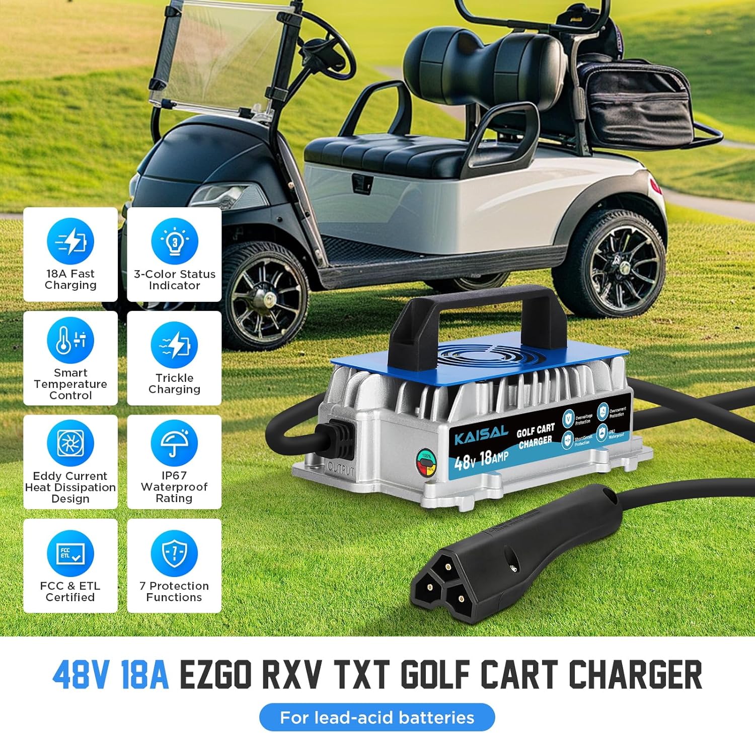 EZGO Golf Cart Charger 48 Volt 18 AMP Golf Cart Battery Charger 1250W for 48V EZ-GO RXV & TXT IP67 Waterproof 48V EZGO Charger 4-6 hrs Full Charge, 16FT Cable, for Lead-Acid Battery - Image 2