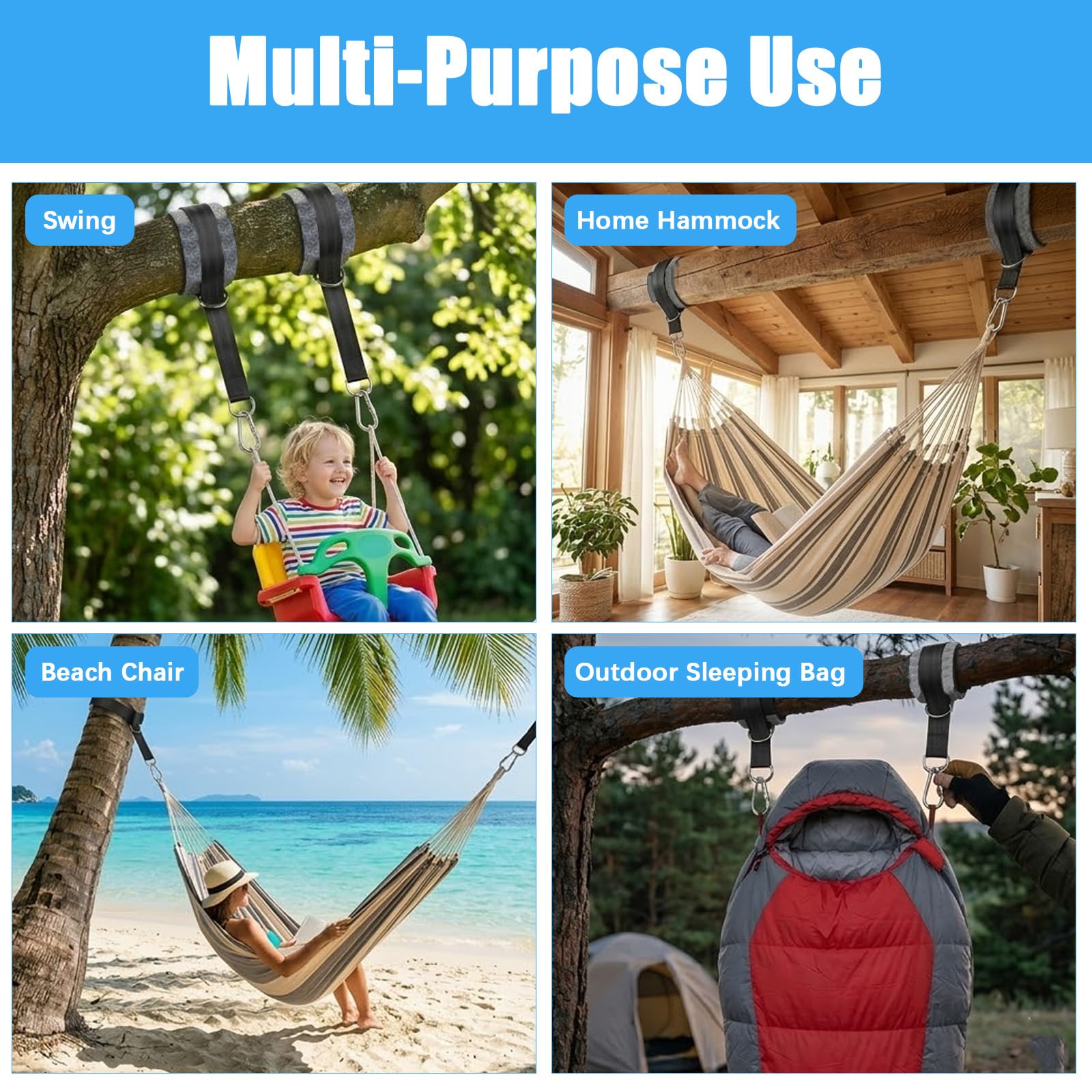 900 kg Correas Hamaca Kit Columpio, Fijación Suspensión 2 x 150 cm con Mosquetones, Anillos en D, Protectores de Árbol y Bolsa para Jardín, Camping, Uso Exterior
