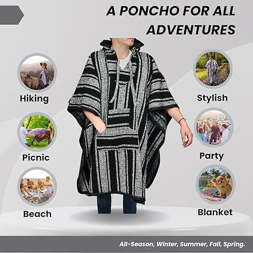 Miniatura 3 de Artisans Bazaar Baja sudadera con capucha mexicana Poncho Droga Alfombra Estilo Serape Hippie Cálida y Cómoda Manta Azteca