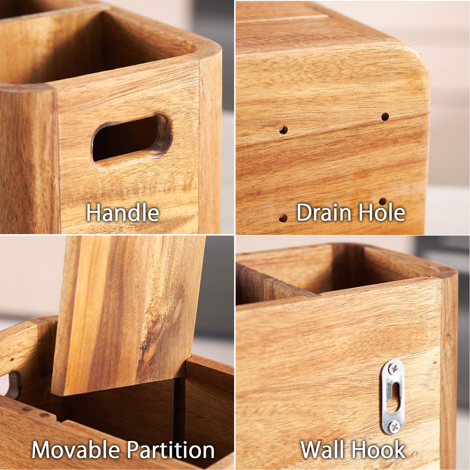 40,6 cm großer Küchenutensilienhalter aus Holz, extra großer Organizer aus Akazienholz, für Kochutensilien, Utensilien und Besteckaufbewahrung – 4-Fächer-Arbeitsplattenhalter