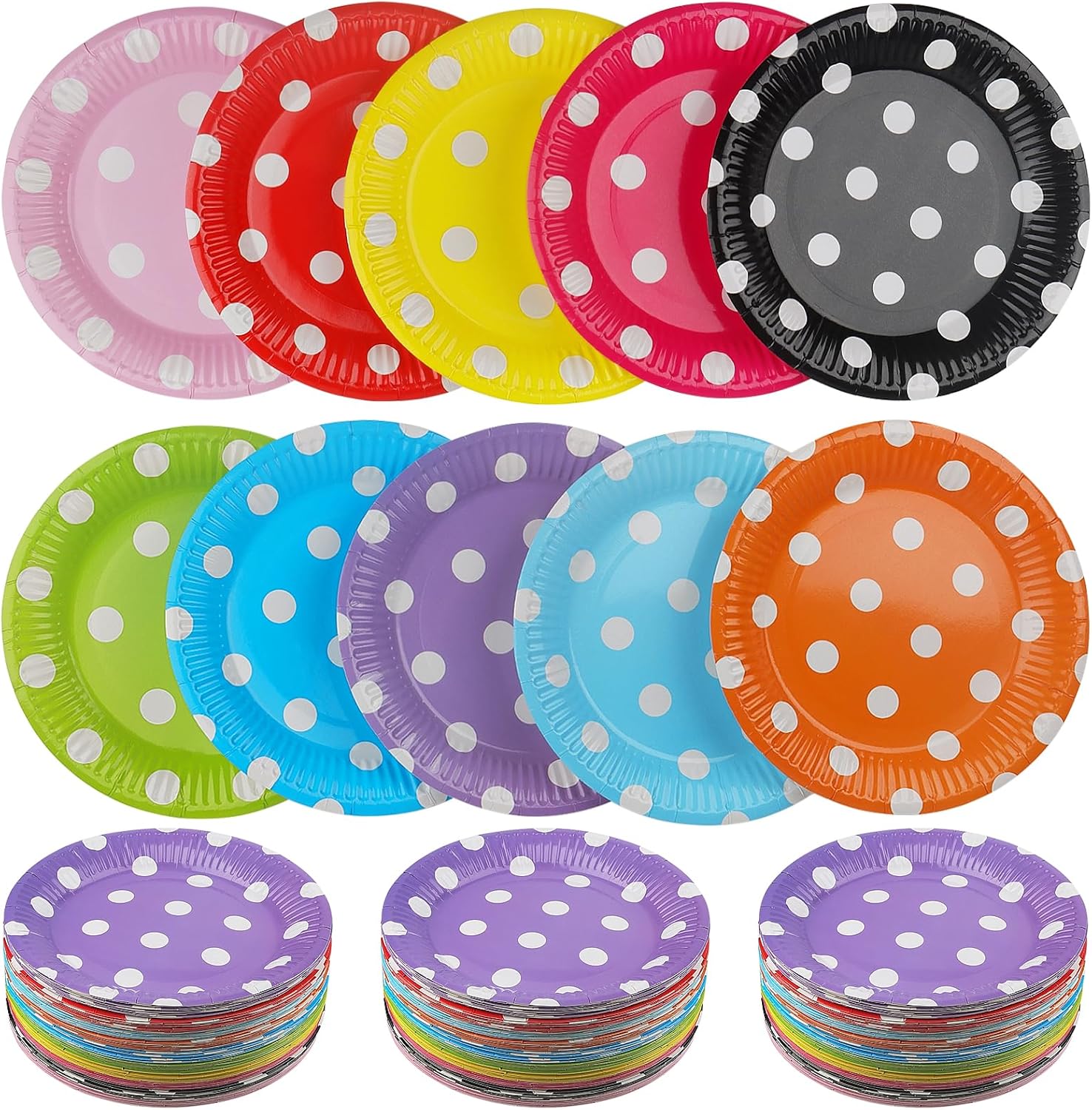 HAKZEON 100Pcs 7 Inch Paper Party Plates Set, Multicolour Dot Paper