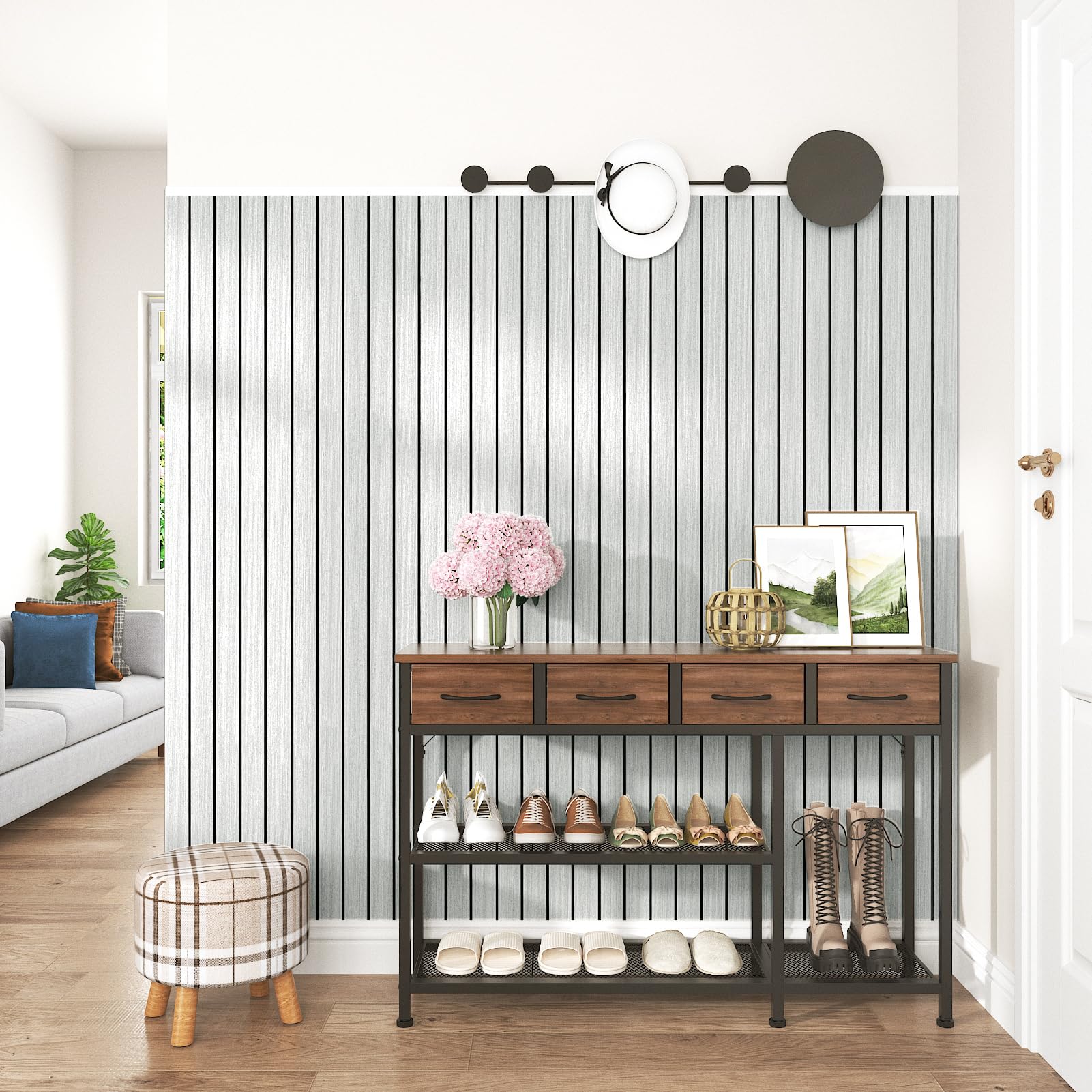 Panneaux Muraux 3D Autocollants En Vinyle Effet Bois Gris Et Blanc Pour Salon Cuisine Panneau Mural Adhesif Decoratif PVC Salle De Bain Panneau Mousse Acoustique Bois 30cm×300cm