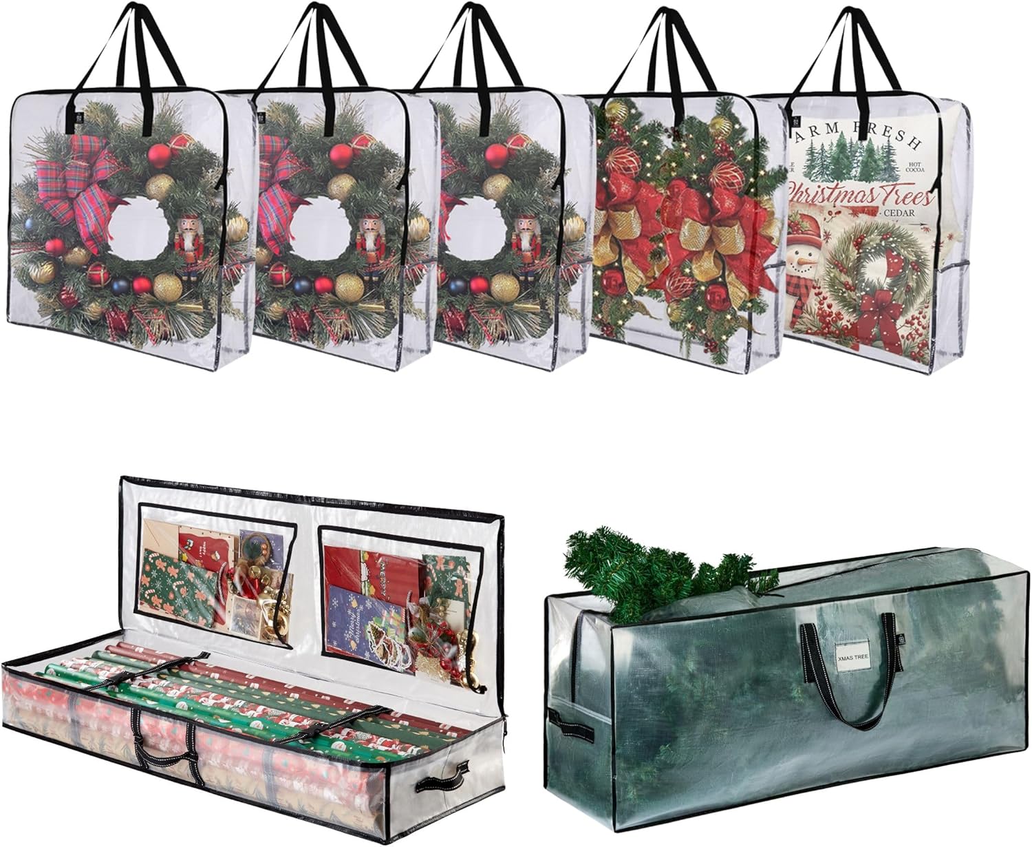 VENO 7 Pack Christmas Wreath, Tree and Wrapping Paper Storage Bags (5 Pack Multi-Use Wreath Bags, 1 Pack 7.5 ft Tree Storage, 1 Pack Gift Wrapping Paper Storage)