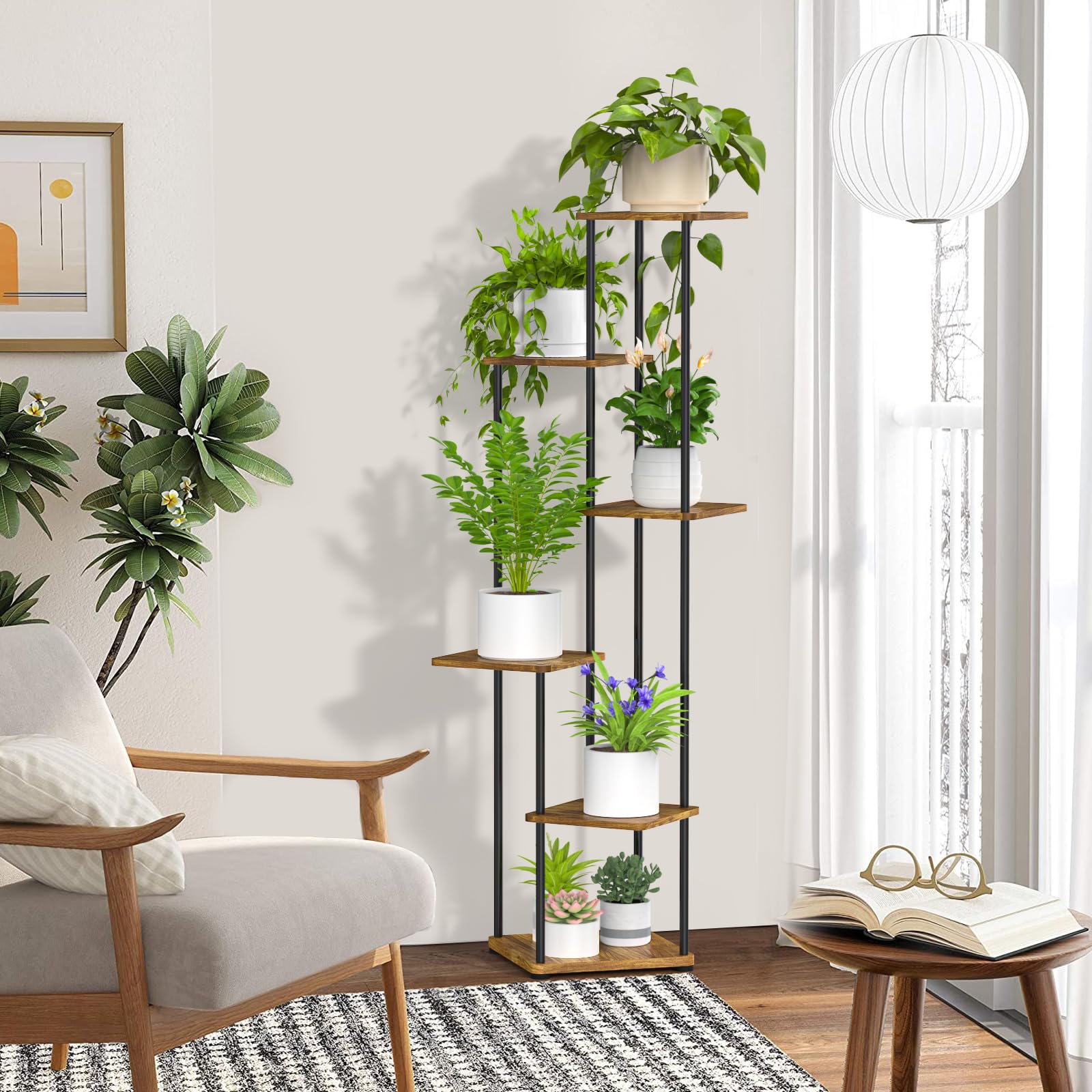 Blumenständer Pflanzenständer, Pflanzenregal Indoor 6 Etagen | Hoch, Innen und Außenbereich, Eck-Ausstellungsregal, Blumentopfhalter, Holz und Metall Blumenregale für Mehrere Pflanzen