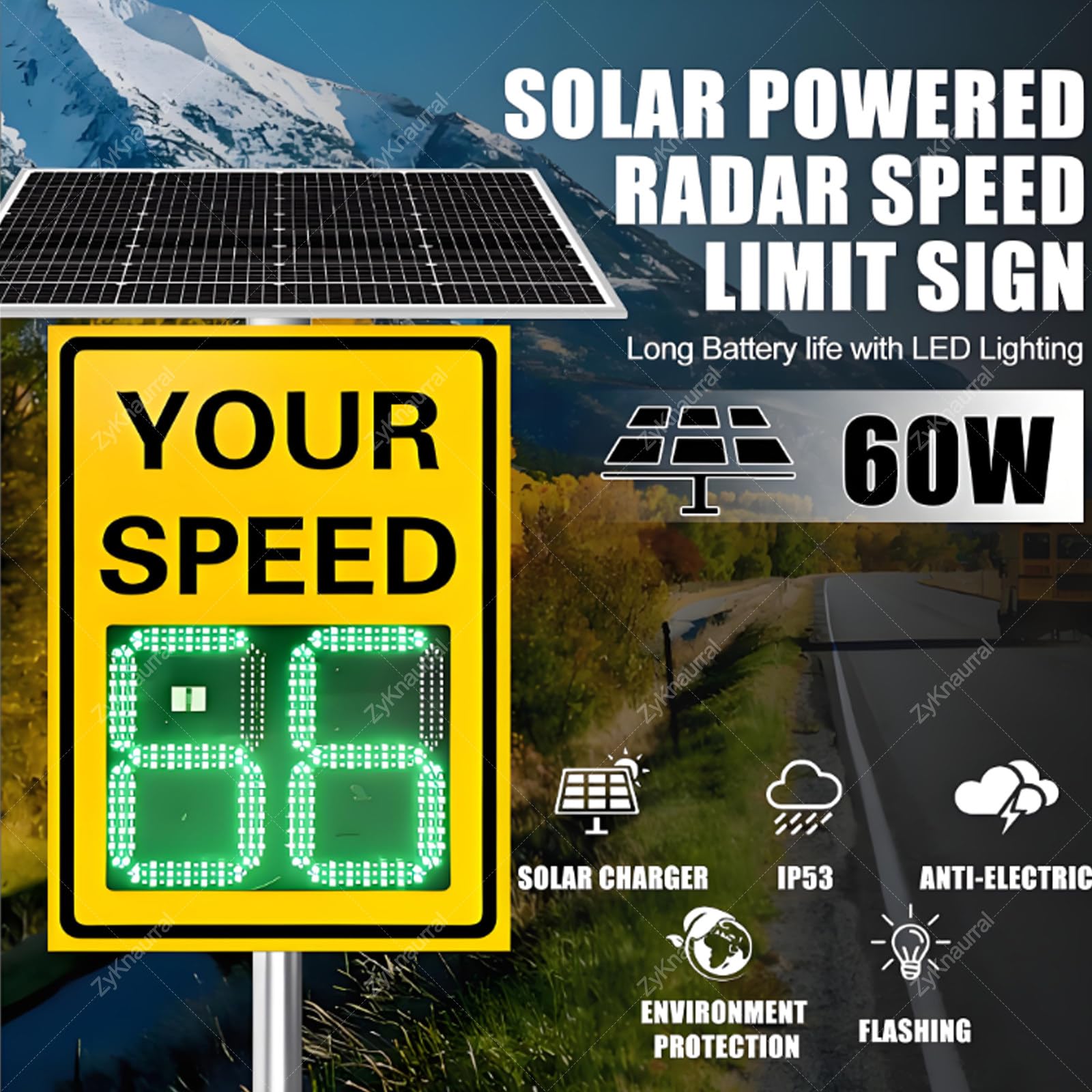 Señal de visualización de velocidad de retroalimentación de radar con energía solar, señal de límite de velocidad de radar solar LED, distancia visual: más de 500 m, con película