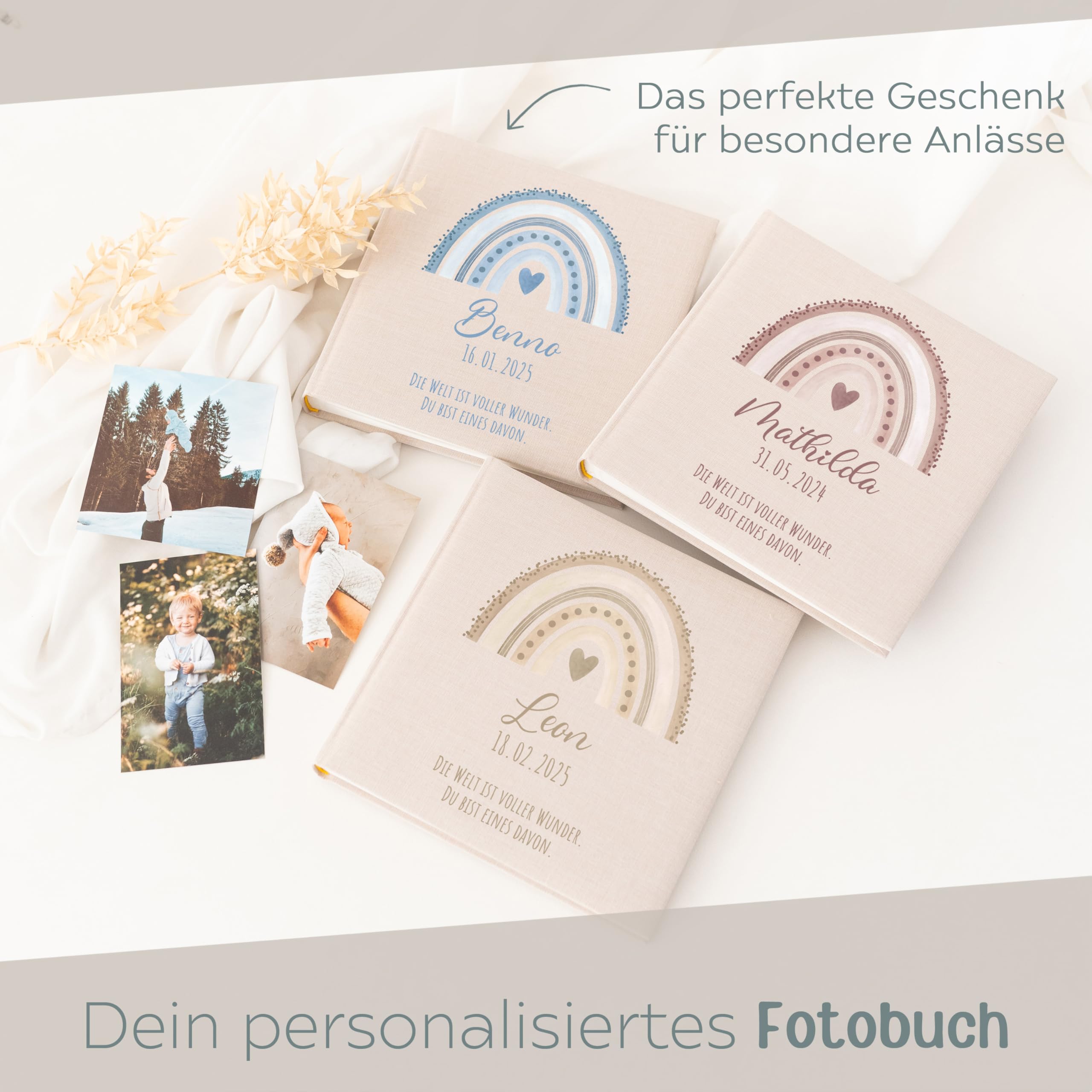 wunderwunsch Fotoalbum Einschulung personalisiert, Gästebuch, Deko, Erinnerungsalbum Schule, Geschenk Taufe, Kindergarten, Geburt, Geburtstag individualisiert (Regenbogen rosa)