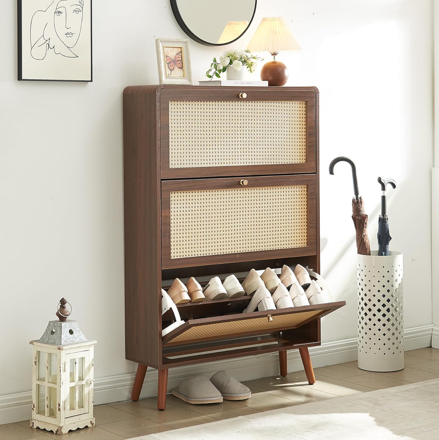 Hommoo Rattan Shoes Storage Cabinet with 3 Flip Doors, Wooden Narrow Shoe Cabinet with Adjustable Shelves, Freestanding Hidden Shoe Rack Organizer for Entryway,Foyer,Hallway(Brown)