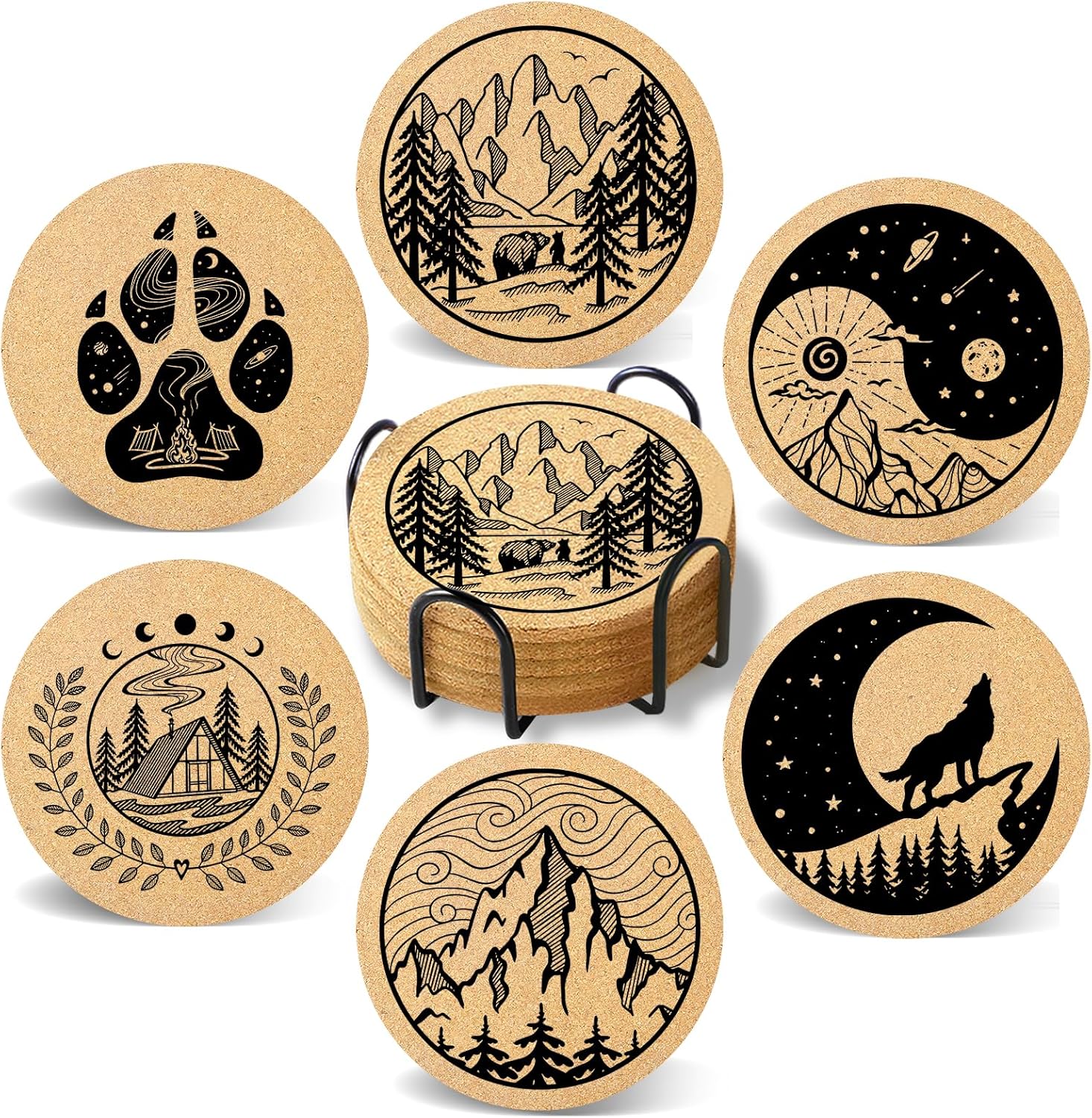 Coasters for Drinks with Holder Set of 6, Mountain Cork Coaster Absorbent Wood for Cup Desk Office Table Kitchen Decor House Warming Gifts for New Home Couples, Round 4"