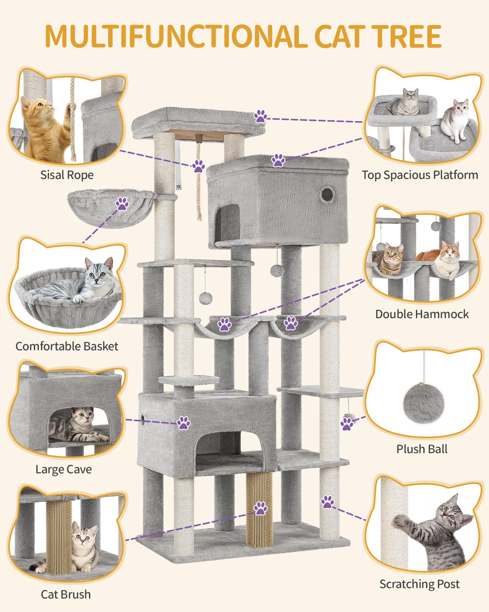 Hzuaneri Árbol de Gato 200 cm XXL, Rascador con 2 Casitas y 10 Sisal, Torre Resistente para Gatos Grandes Maine Coon, Incluye 2 Hamacas, Gris Claro MS20018LG
